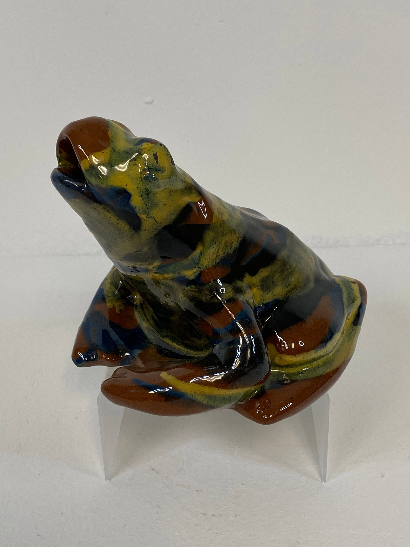Peters and Reed Pottery: This frog has a marblized glaze measures 5" tall.
