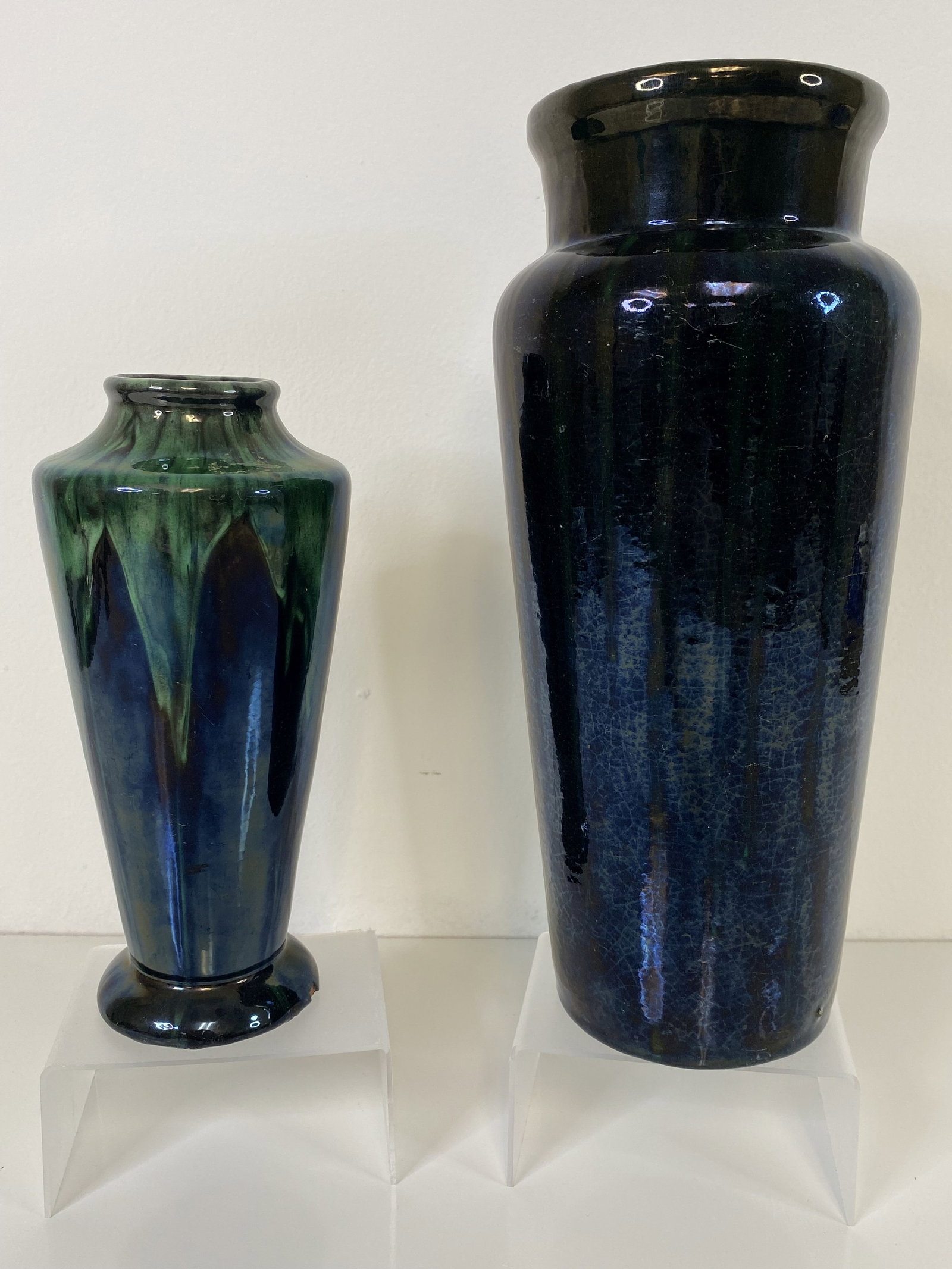 Peters Reed Grouping: 2 vases by Peters and Reed. Taller one is 11" tall. The coloring is hard to see on taller one but has more irredescence
