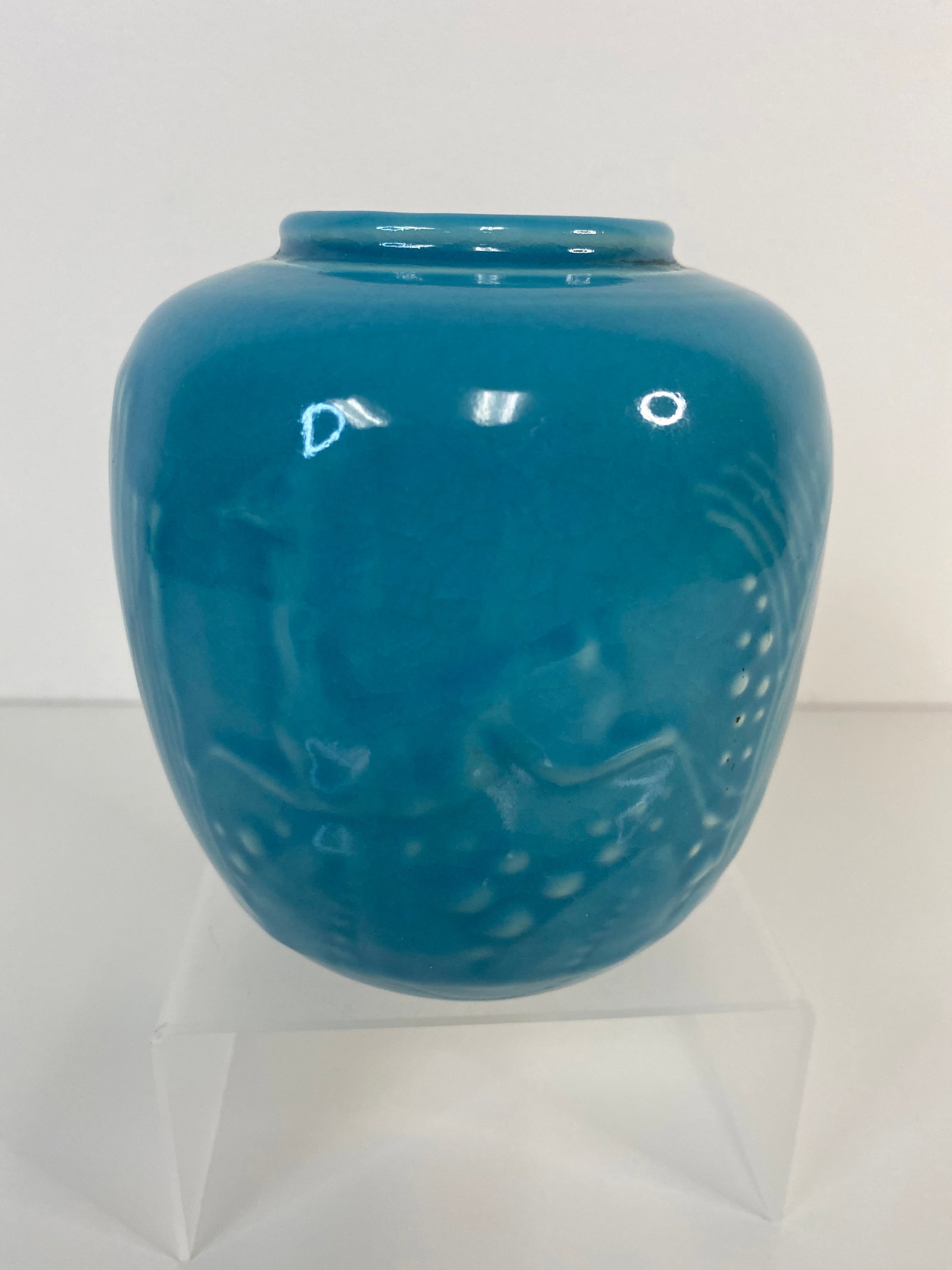 Rookwood Pottery Vase: 1945 vase featuring gazelles art deco design shape #6214 and has a scratched 48 on bottom I don't know what the significance is 4 1/2" tall