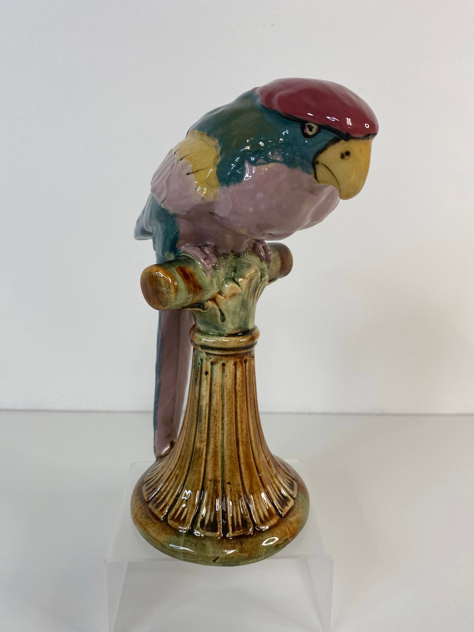 Weller Pottery Brighton Parrot: This nice parrot on the perch measures approx. 8" tall
