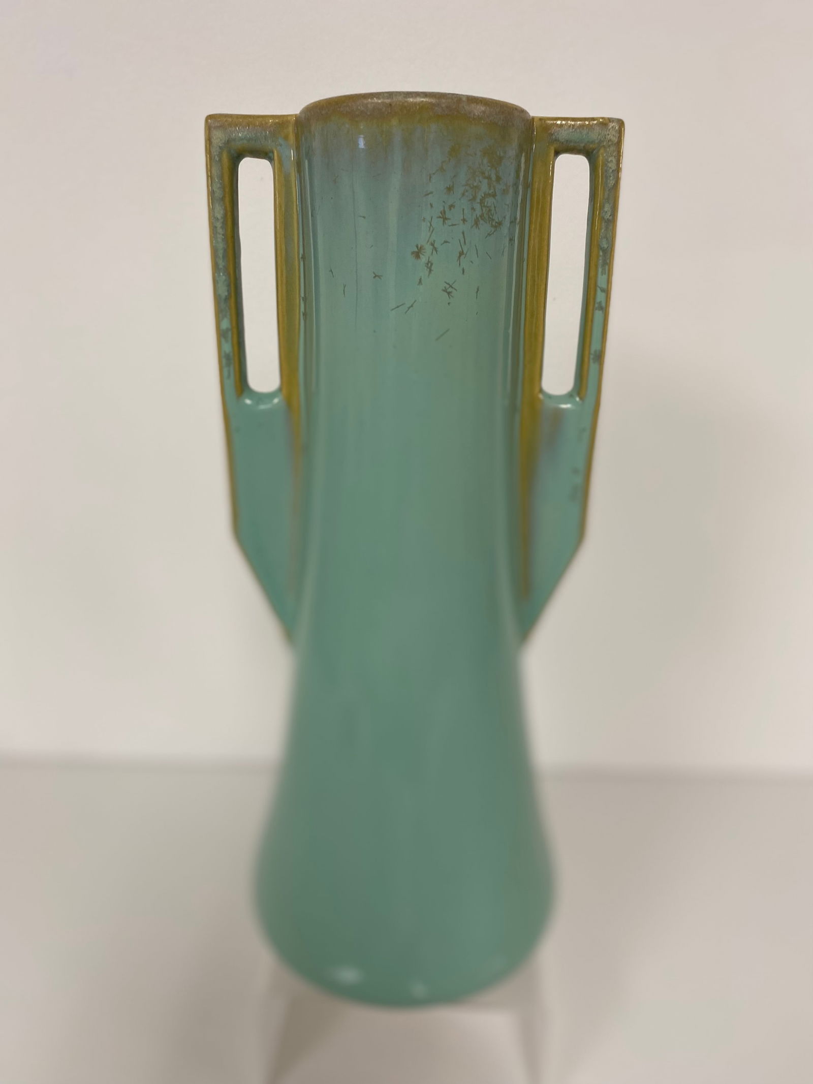 Fulper Pottery Vase: Great arts and crafts form at 11 1/2" tall with a nice crystalline glaze