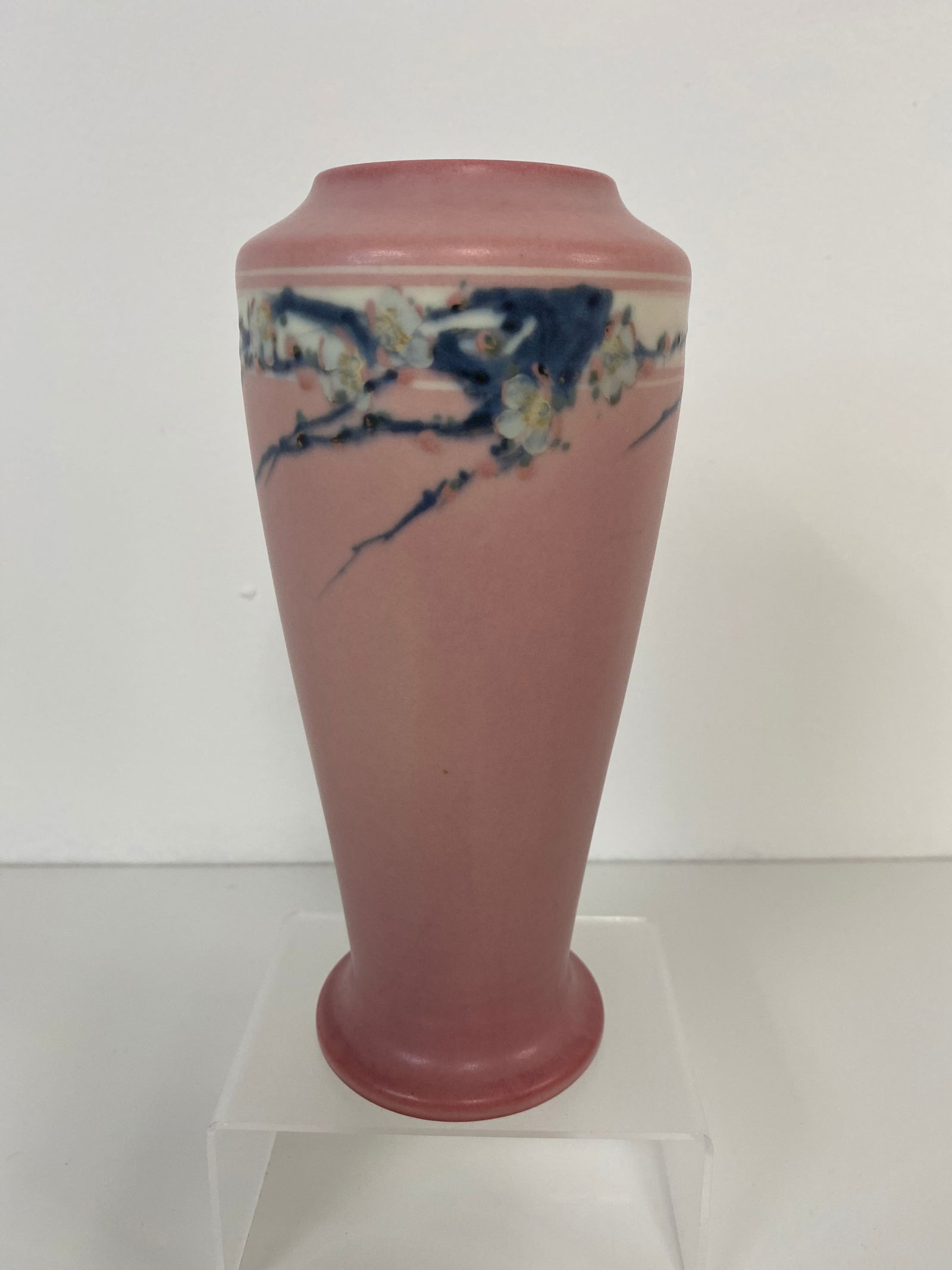 Rookwood Pottery Vase: Made in 1923 by E.T. Hurley. This Japanese apple blossom was a standard decoration for him. This one measures 7 1/4" tall and is uncrazed