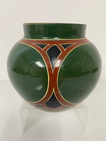 Green enameled cobalt blue vase