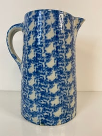 Blue and White Stoneware Spongeware Pitcher