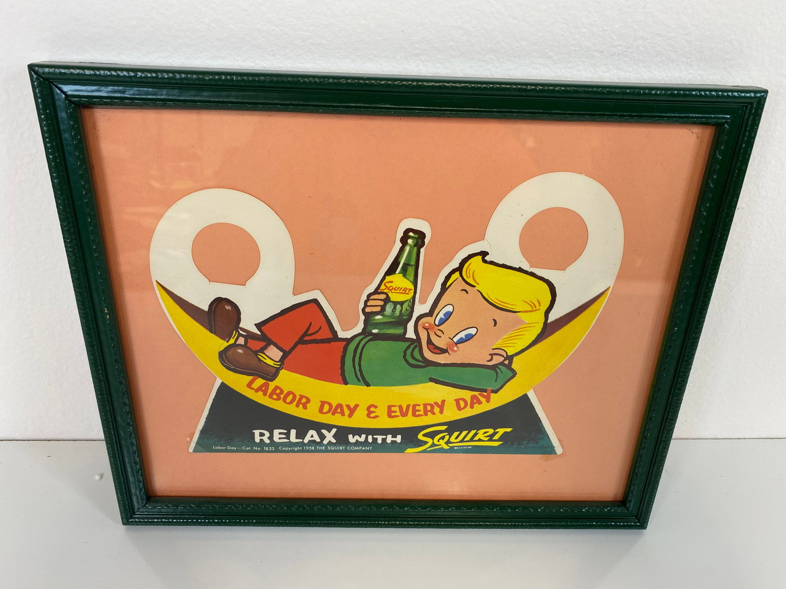 Labor Day & Every Day Squirt Double Bottle Display 1958: Squirt boy laying in hammock - relax with Squirt. Measures approx. 8" wide