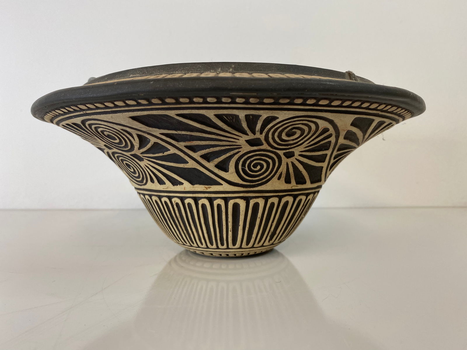 Weller Pottery Burntwood: Unusual Burntwood hanging basket. Measuring 4 1/2" tall and 10 1/4" across.