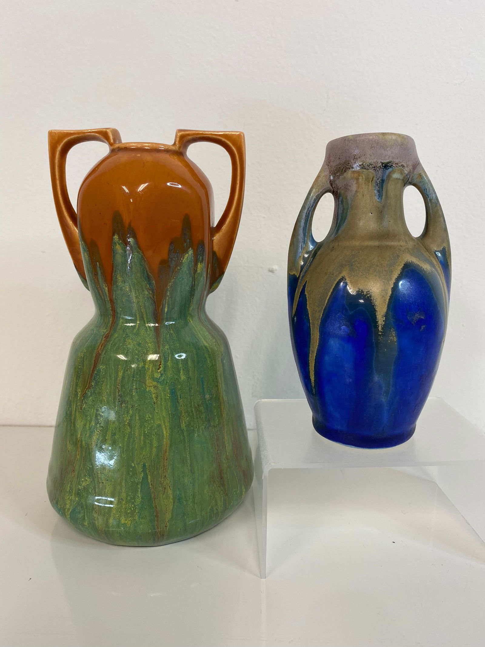 2 Belgium vases: both are 2 handled pieces and the taller one at7 1/2" has a really great glaze. Smaller one has a Pierfonds feel to it but unsigned.