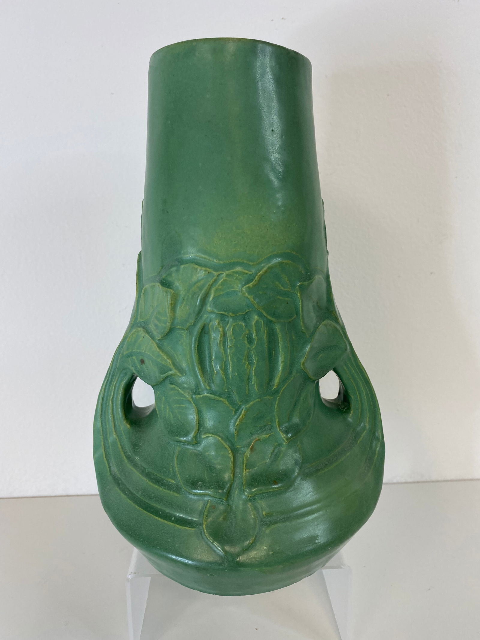 Austrian Matte Green Julius Dressler?: this 2 handled matte green vase Is attributed to Juliius Dressler. Although it doesn’t have his logo there is a glazed over signature on bottom that I find illegible. This beauty stand 9" tall
