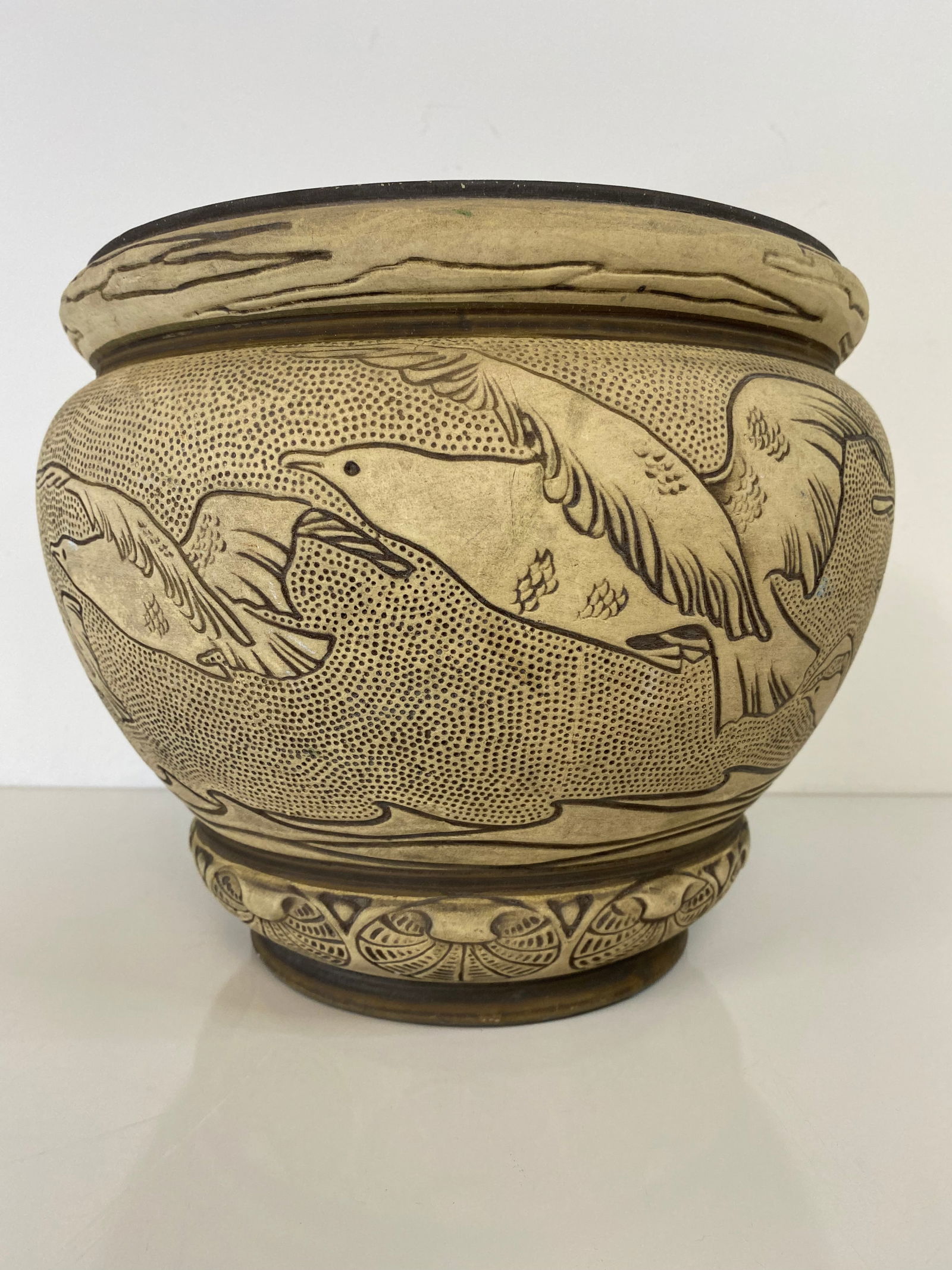 Weller Pottery Burntwood: Large jardinere with flying birds. 9" tall