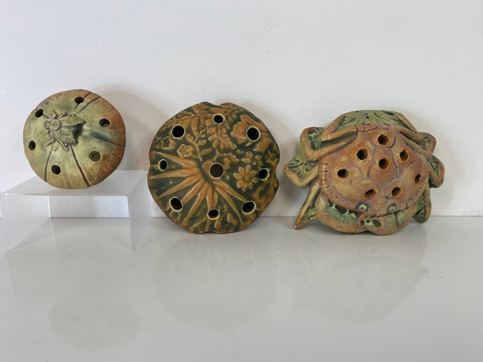 Weller Pottery Flower frog lot: 1 Marvo and 2 muskota frogs , 1 crab and 1 fly on mushroom