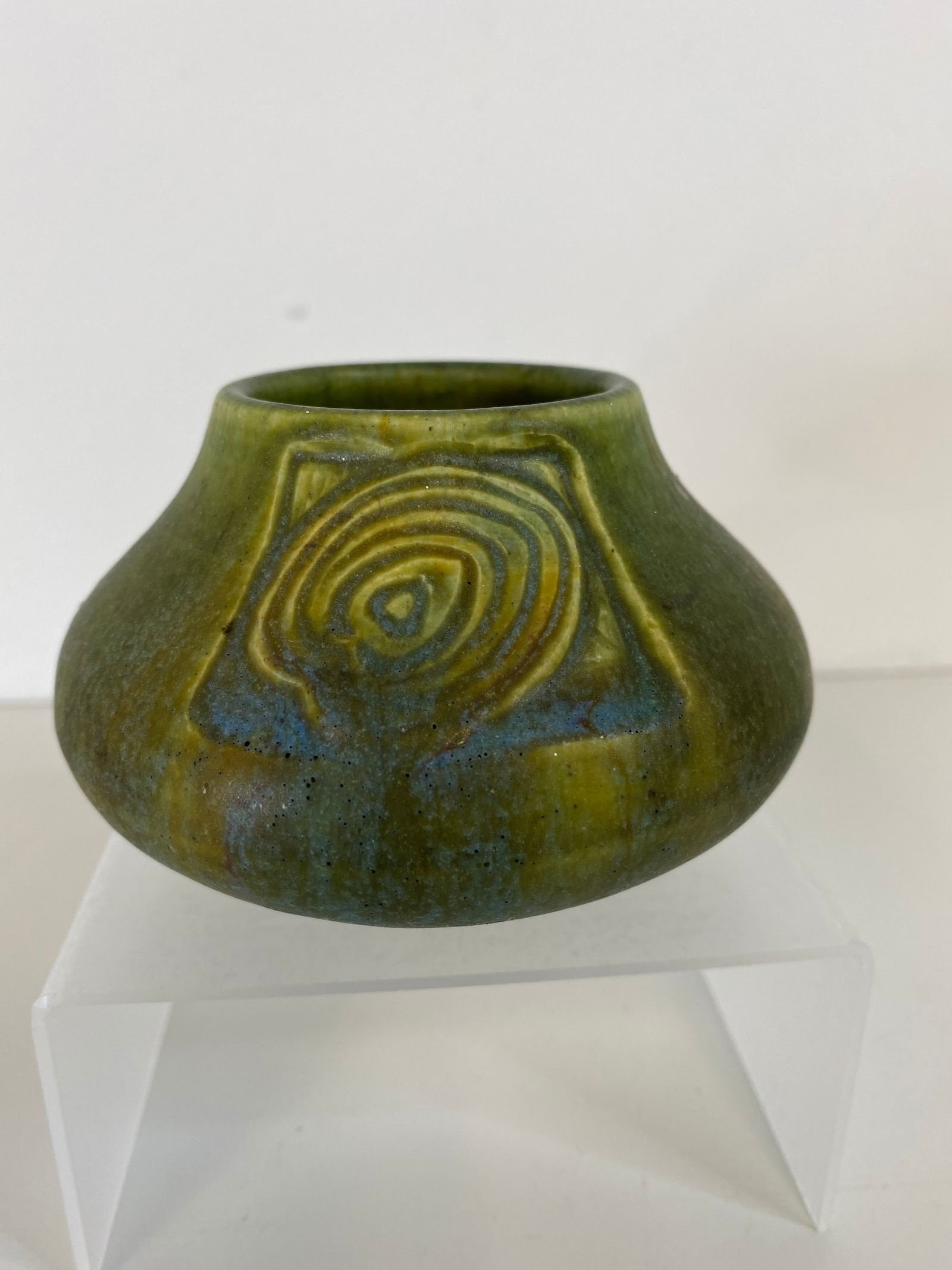 Rookwood Pottery Todd: Great little cabinet vase with stilized carving measuring 2 3/4" tall and done in 1913. Heavy glaze on bottom so artist signature covered up but most likely Henschel again or CS Todd