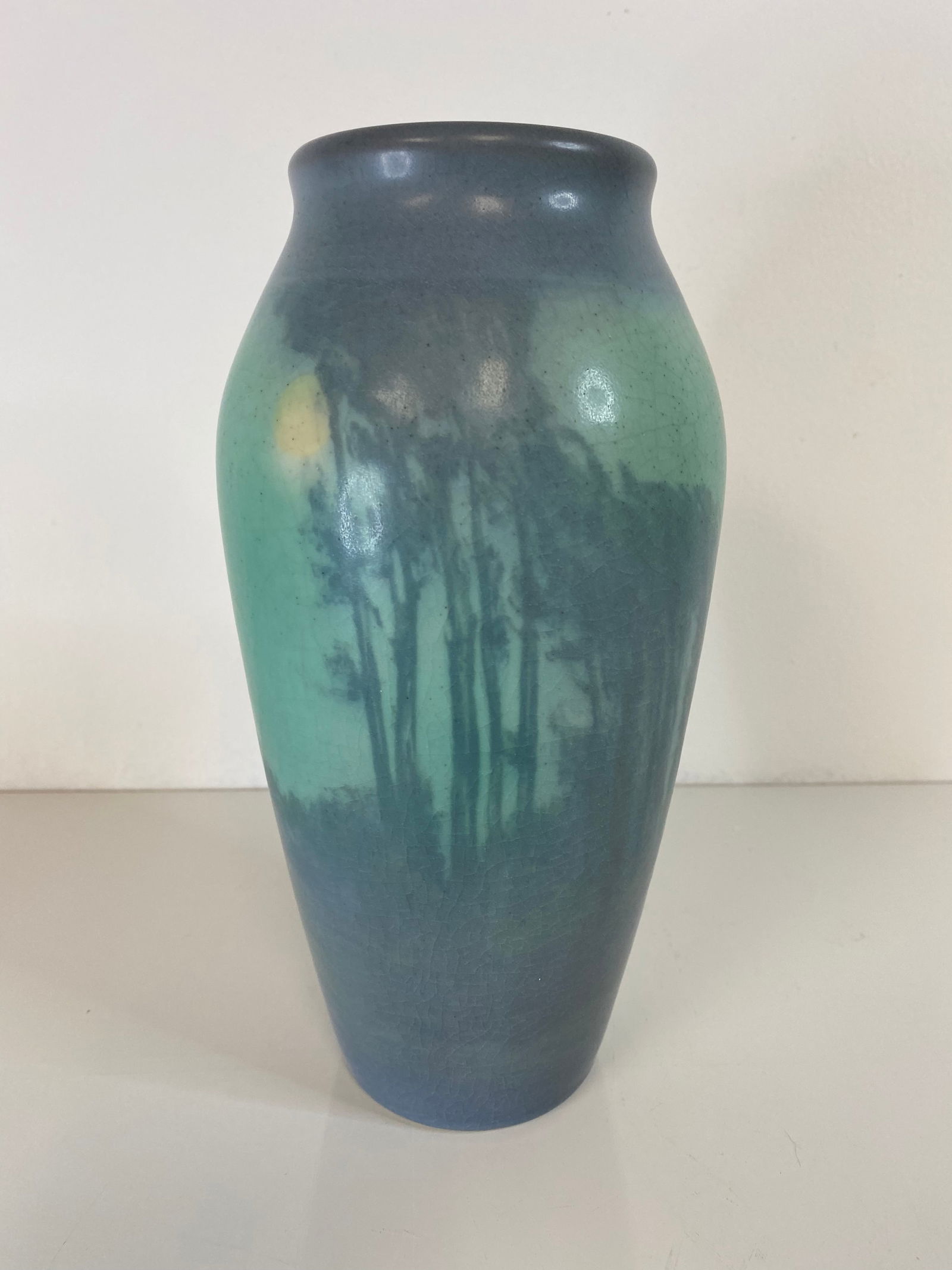 Rookwood Pottery Coyne: 9 3/4" tall Vellum Scenic done in 1913 with trees and a moon . Artsist signed with additional info on bottom