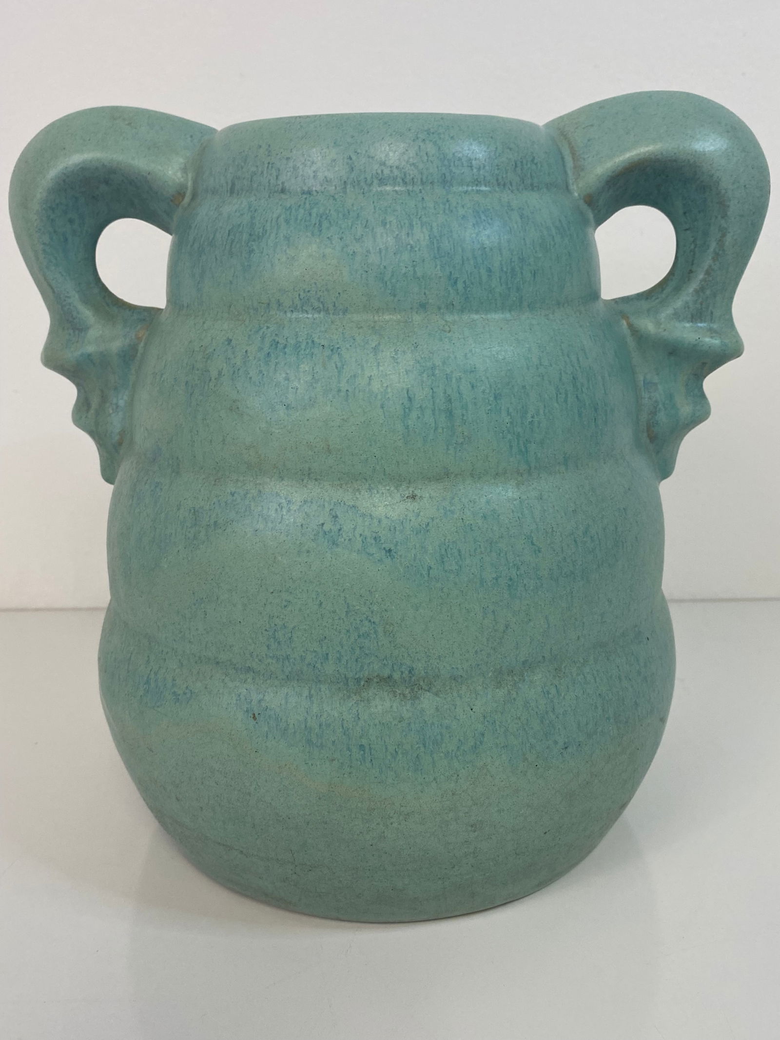 Fulper Pottery: 2 handled form in a light blue on blue at 9 1/2" tall