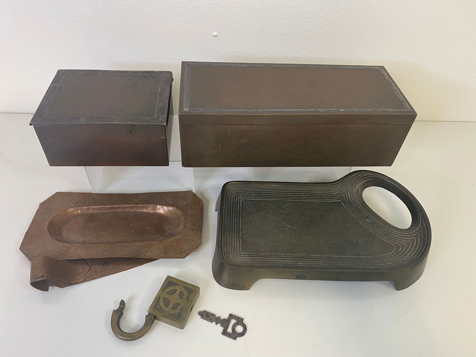 Heintz Metal Overlay set: This set consists of 2 boxes singed Heintz and the biggest is 2 1/2" tall and 8 1/2" wide. Cool art deco tray attibuted Bradley and Hubbard and a hammered copper student tray with letter opener and a