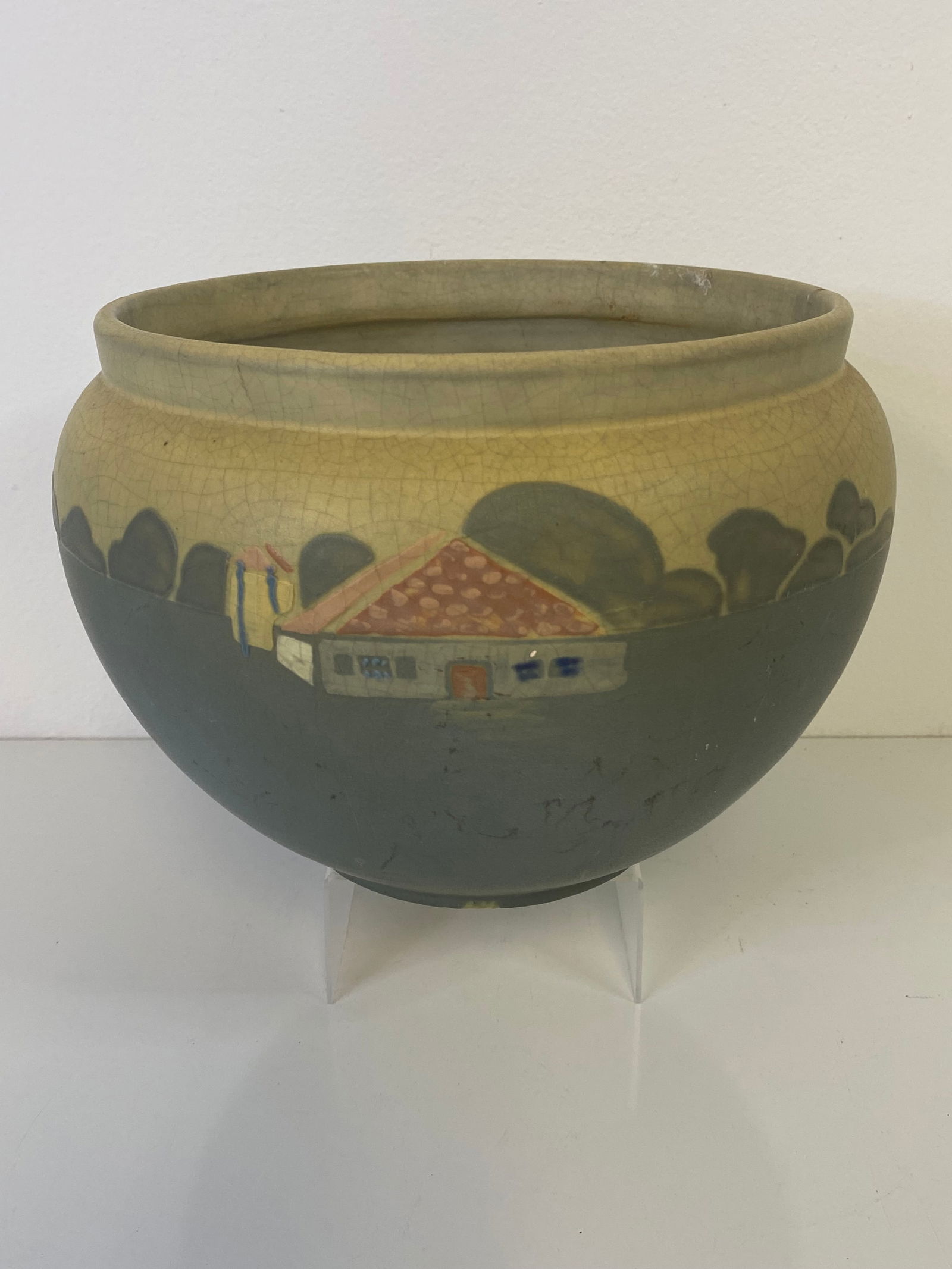 Weller Pottery: Large Jardinere featuring a windmill with house and reverse is a house and silo. 7 1/4" tall and 10" across