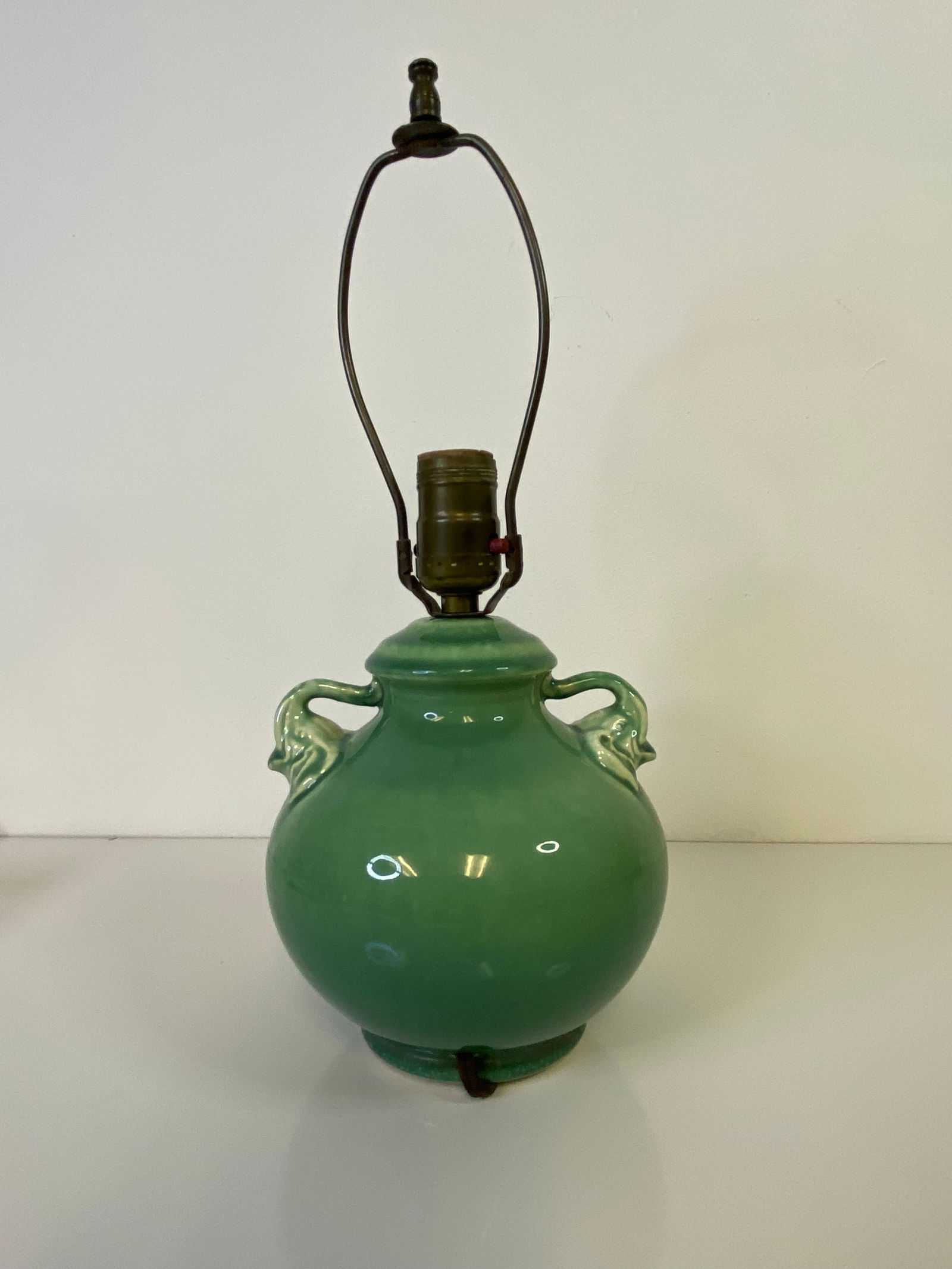 Red Wing Pottery Lamp: Elephant handles in a High gloss green glaze with Pottery Portion 6 1/2" tall