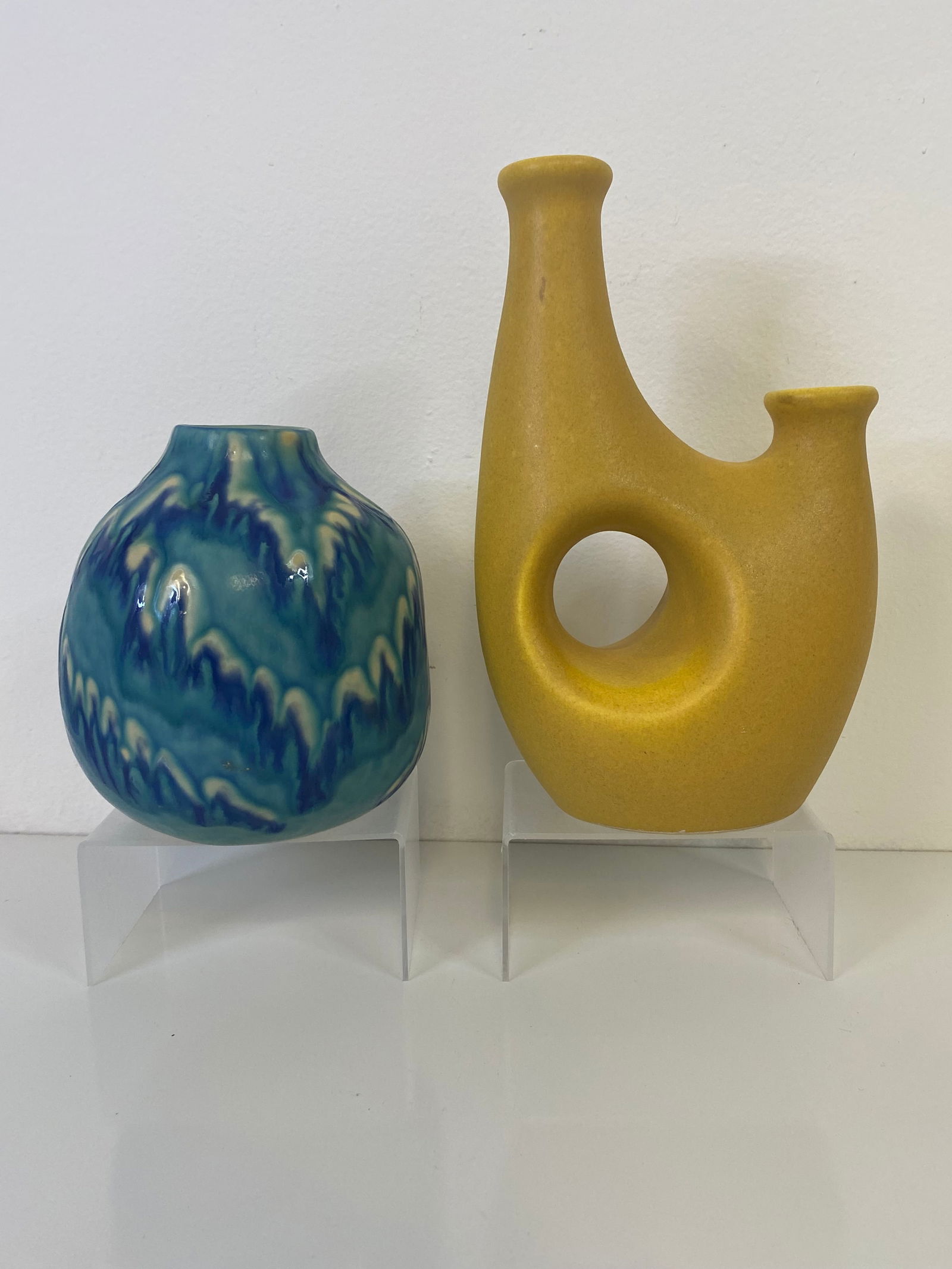 2 MCM Pottery vases: Interesting form in yellow looks like maybe a scandanavian form at 8" tall along with a vase with a nice flowing glaze from Thailand