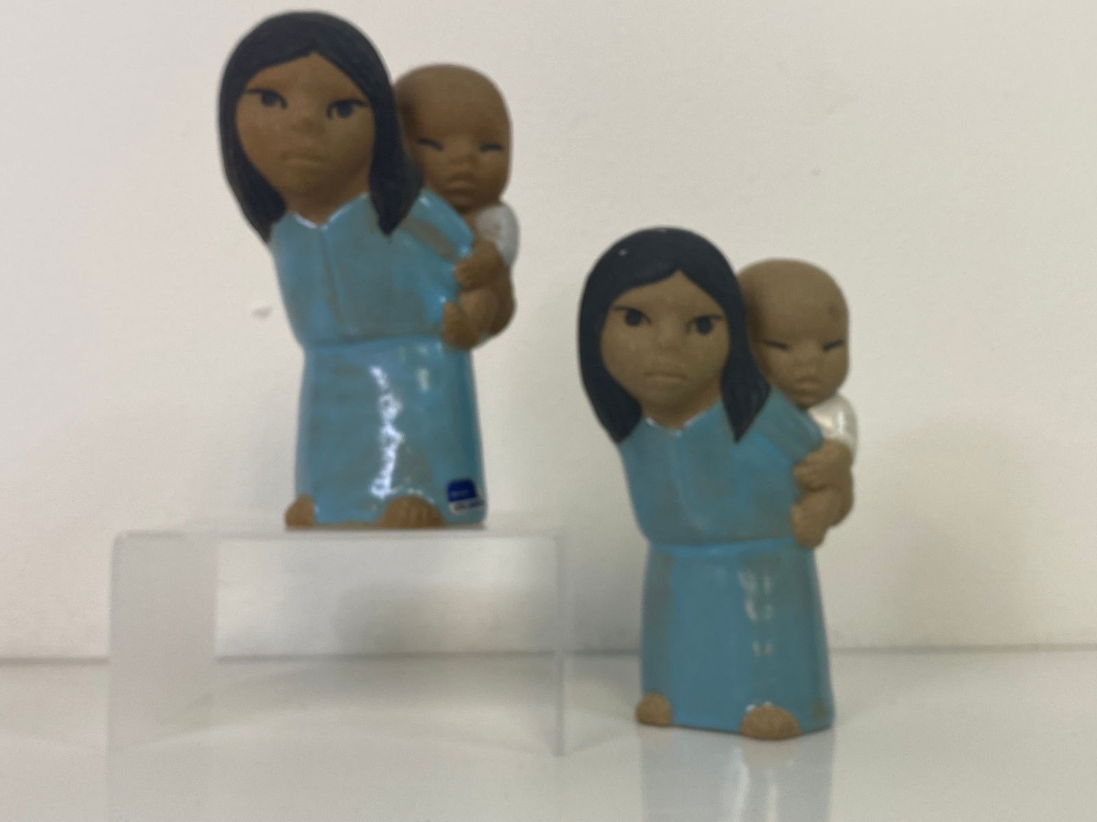 2 pcs Lisa Larson for Gustavberg Sweden: Pair of Girl Holding baby at 5" tall. Pne with partial label