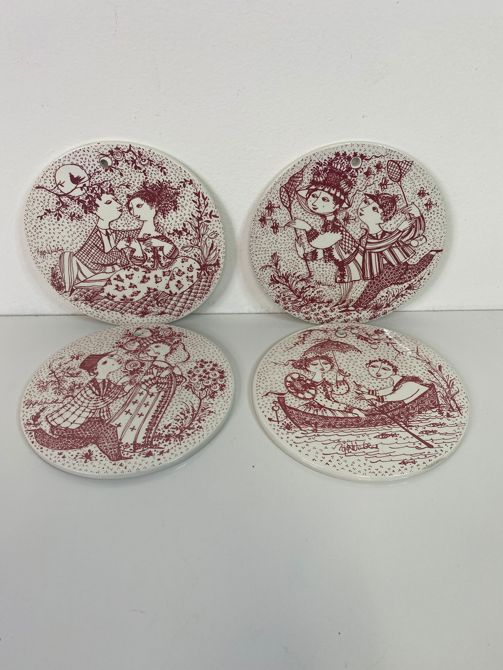 Set of Tiles NyMolle Denmark: Bjorn Wiinblad series of calender months. We have May, June , July and August. Each hanging plaque is 6" across