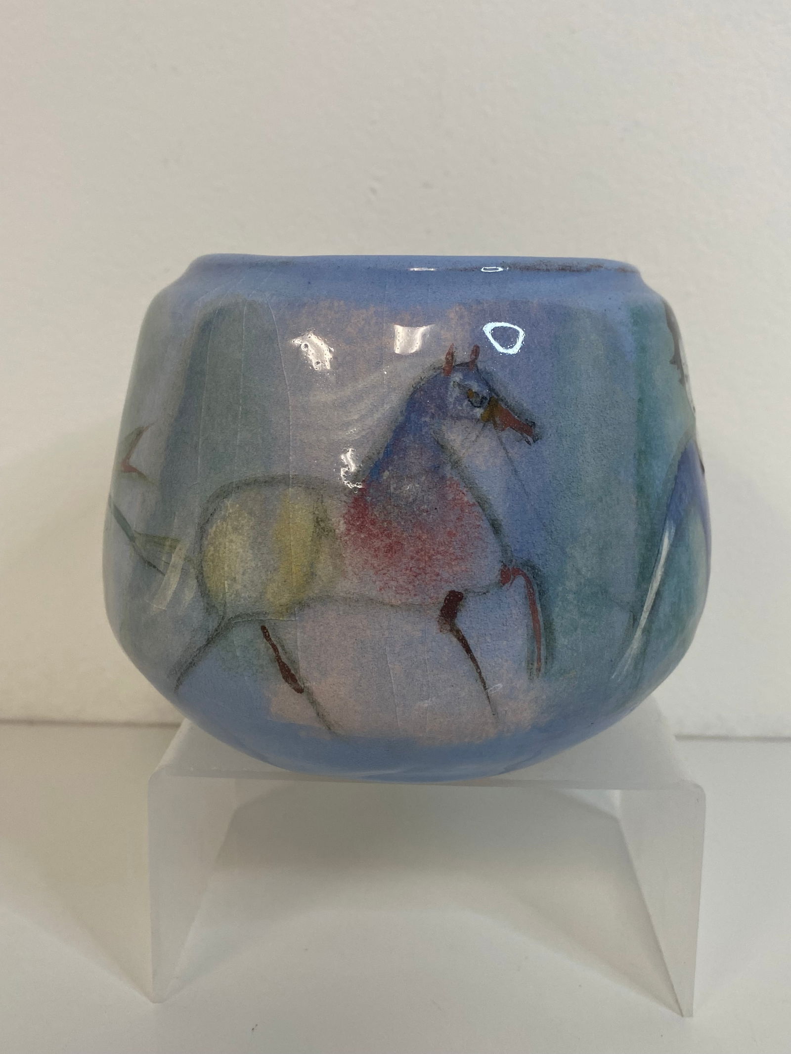 Pillin Pottery birds: This is a busy one with 2 birds, a horse and two women figures. 3 3/4" tall by a little shy of 5" wide.