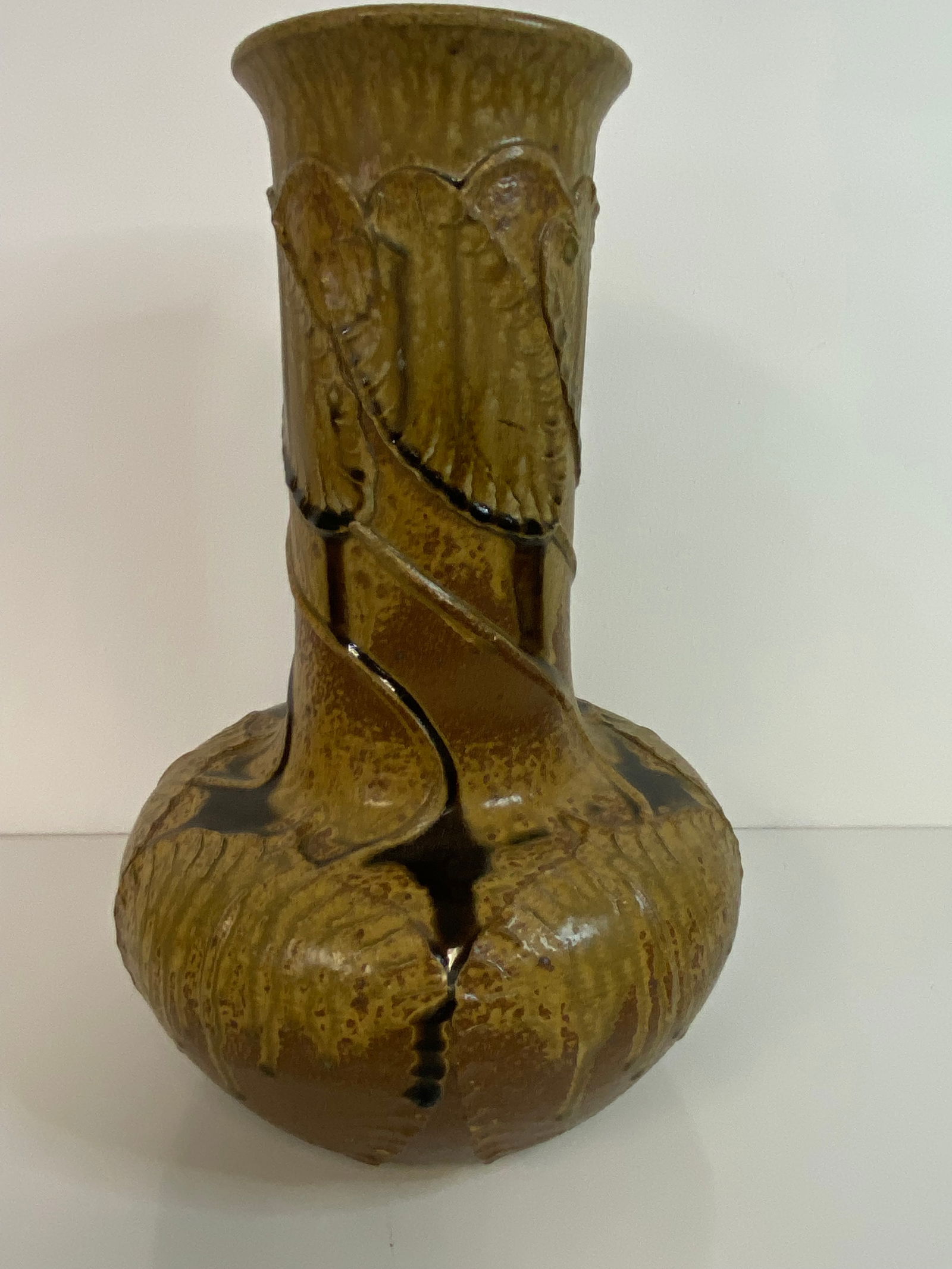 Door Pottery Draves: Very Large Trumpet Vase with leaves in a hockory wood glaze color 15 3/4" tall