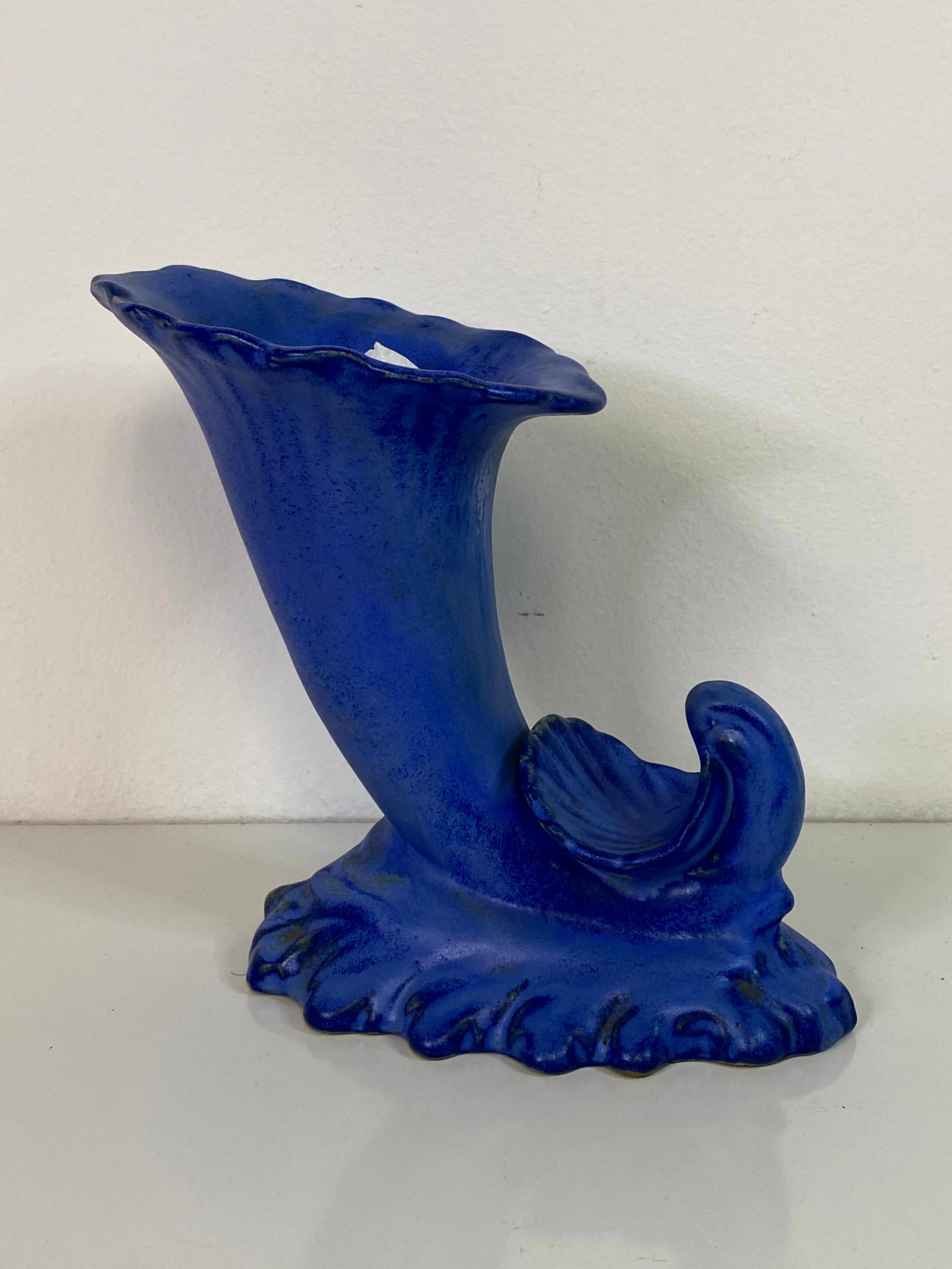 Fulper Pottery: Cornucopoia with shell and leaf pattern in a nice blue finish. 8" tall