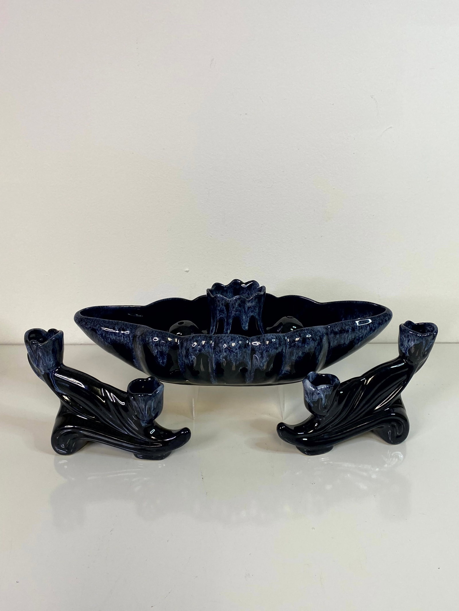Van Briggle Pottery: Anna Van Briggle set with console bowl with flower frog along with a pair of dbl cande hiolders. Console bowl 14 1/2" long