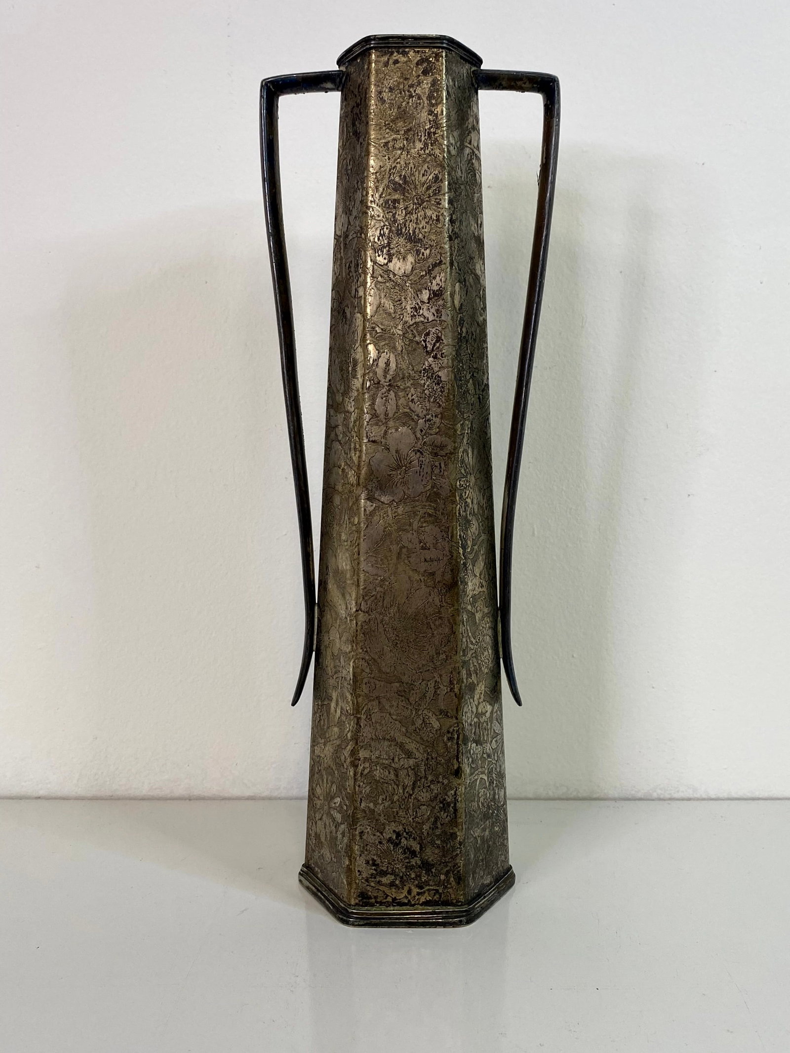 B.M.M.T.S. Weidlich Bros Silver Vase: Tall 2 handled vase at 14" called tapestry.