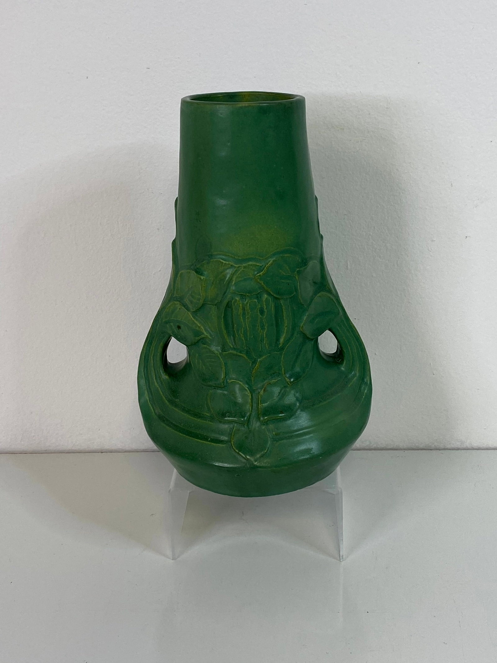 Julius Dresser Austrian Vase: Nice matte green 2 handled vase with carved design