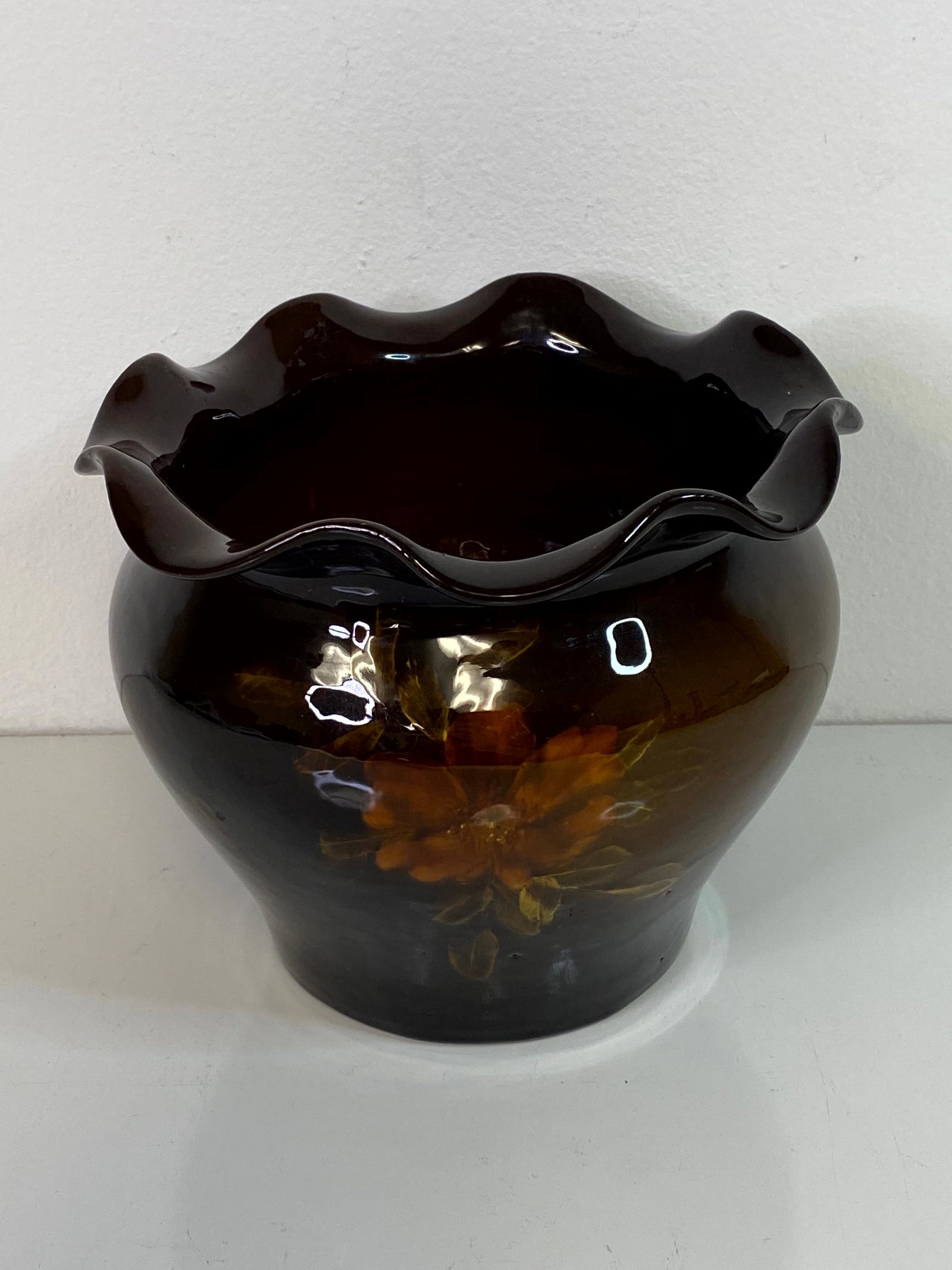 McCoy Pottery Jard: Standard Glaze jard with ruffled rim standing 6 5/8" tall