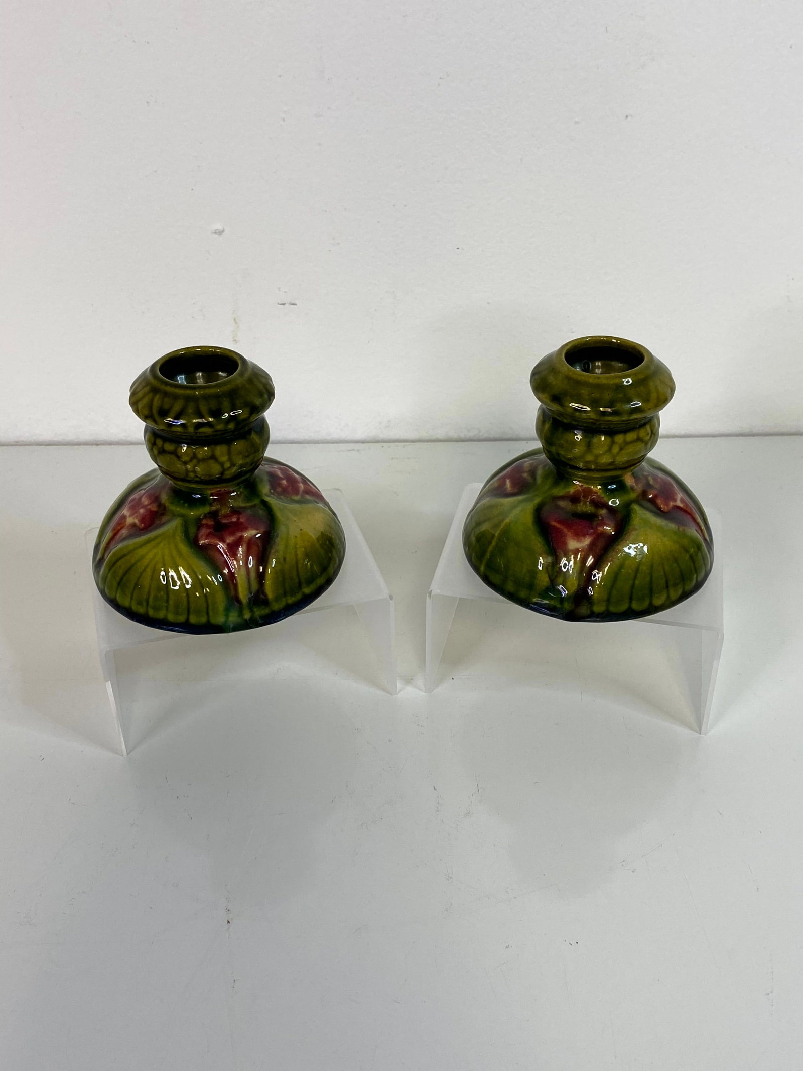 McCoy Pottery Amarillys: cute pair of candle holders in Green,3 1/8" tall