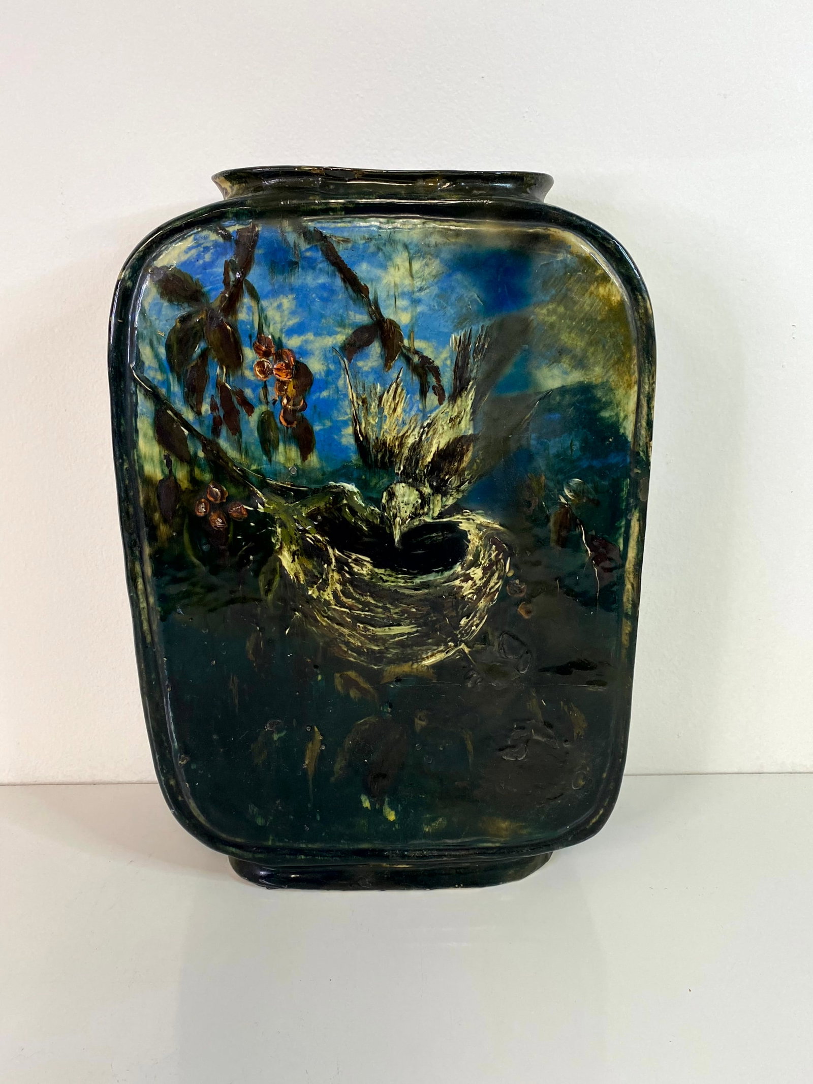 Wheatley Pottery Early Cincinnati: My guess is early Wheatley but similar styles could make is possible to be early Cinci Pottery. Great large vase stadning 16 1/2" tall featuring a momma bird on nest