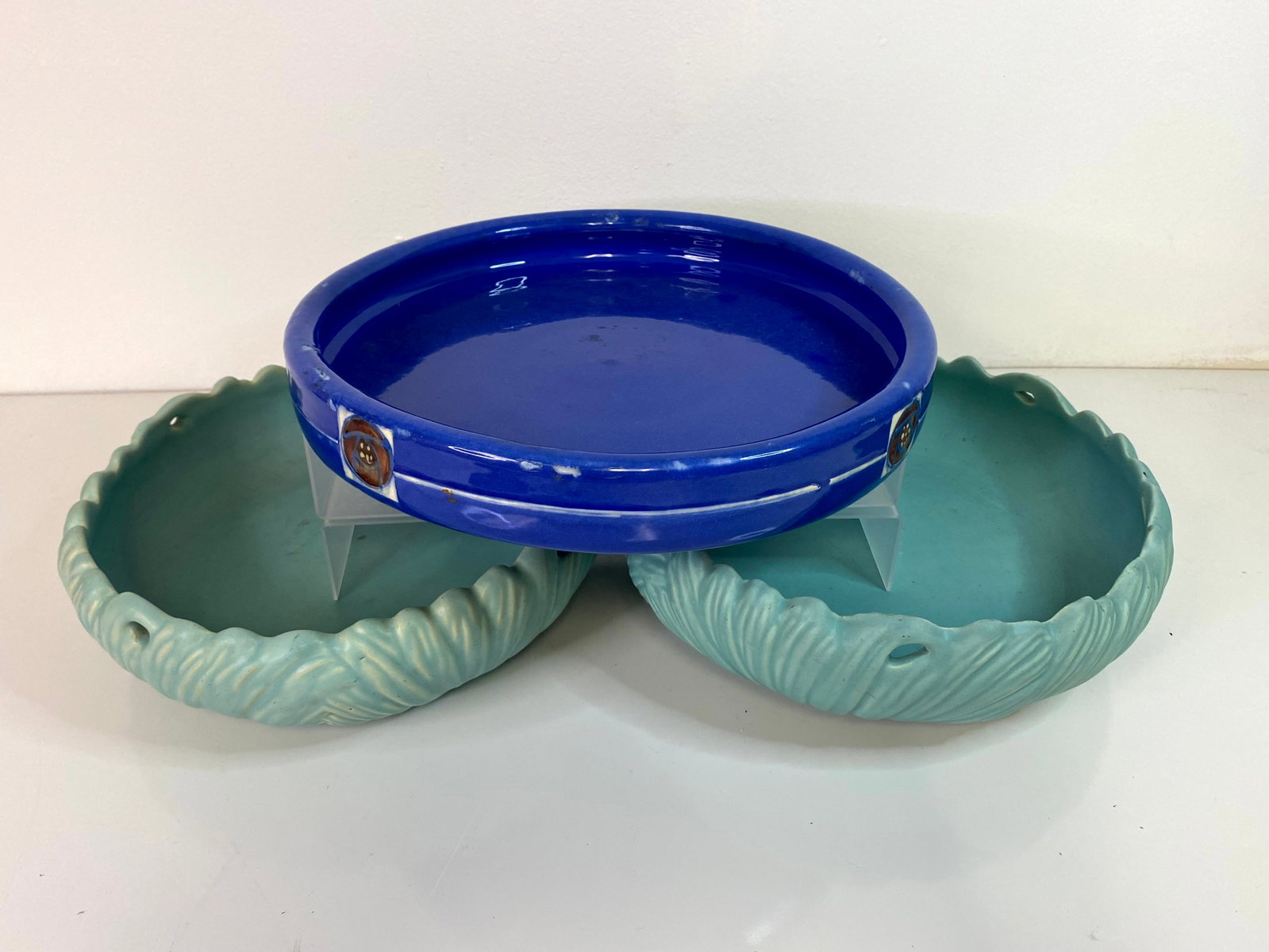 3 Weller Pottery Centerpieces: 2 large bowls in a light blue along with a monochrome with the Rose repeating 4 times . 12 1/4" across