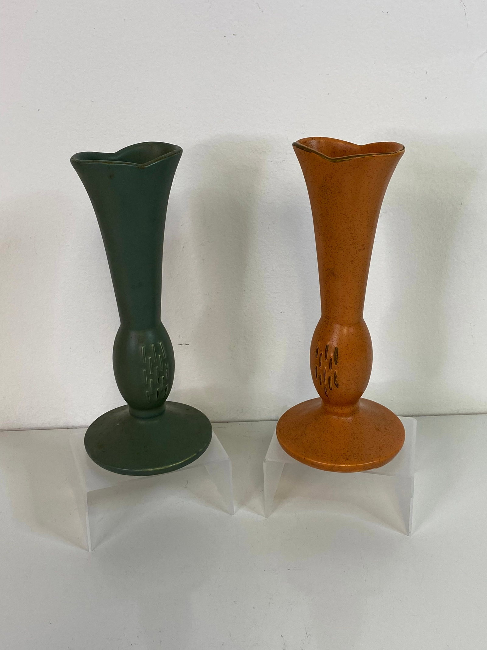 Pair McCoy Pottery: 2 bud vases in orange and green MCM 8 3/4" tall