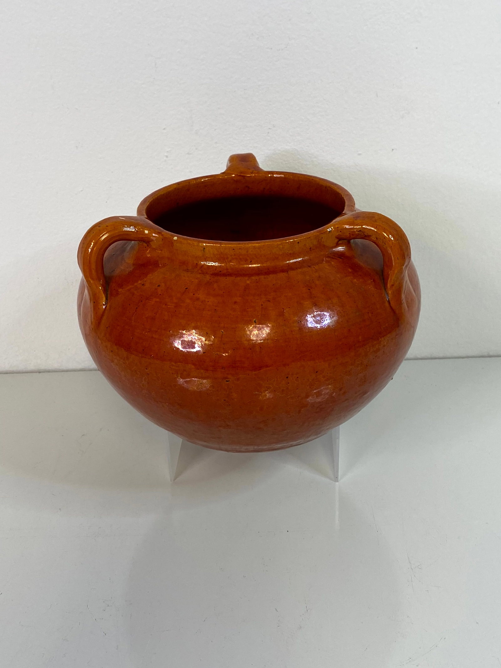 J.B. Cole Southern Pottery: Great example of the Chrome Red glaze done in the Carolinas. This 3 handled pot measures 4 3/4' tall and 7 1/2" wide