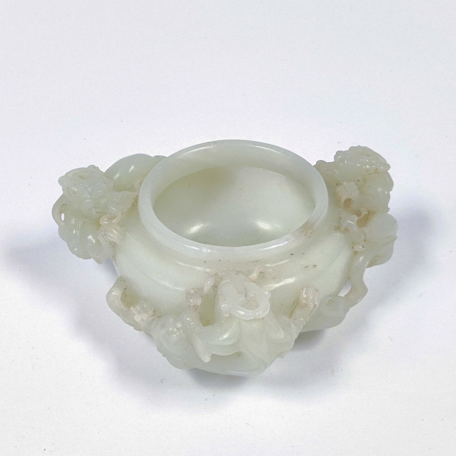 QING CARVED JADE THREE DRAGONS BRUSH WASHER: Measures: 2" H x 4" W Chinese Qing Carved Jade Three Dragons Brush Washer. Qing Carved Jade Three Dragons Brush Washer. PROVENANCE: From The Estate of David George Glen (1924-2016) of Delaware, raised