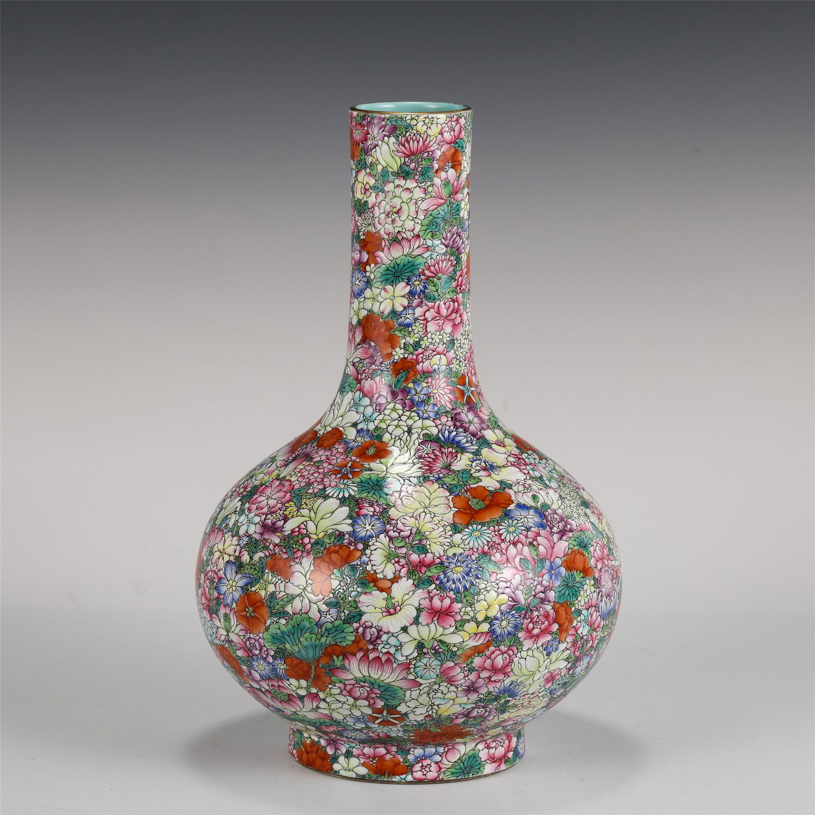CHINESE FAMILLE ROSE FLOWER PATTERN PORCELAIN VASE: Dimensions: CHINESE FAMILLE ROSE FLOWER PATTERN PORCELAIN VASE 21 cm Diam x 32 cm H Chinese famille rose porcelain vase. Made in The Year of Jiaqing Reign Period of The Great Qing Dynasty. This vase h