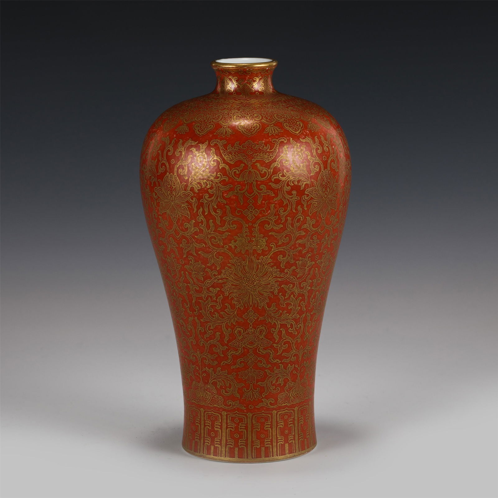 CHINESE ALLITE RED BOTTOM GOLD PAINTED FLOWER PATTERN: Dimensions: CHINESE ALLITE RED BOTTOM GOLD PAINTED FLOWER PATTERN MEIPING VASE 14 cm Diam x 25 cm H Chinese allite red bottom gold painted porcelain meiping vase . Made in The Year of Yongzheng Reign