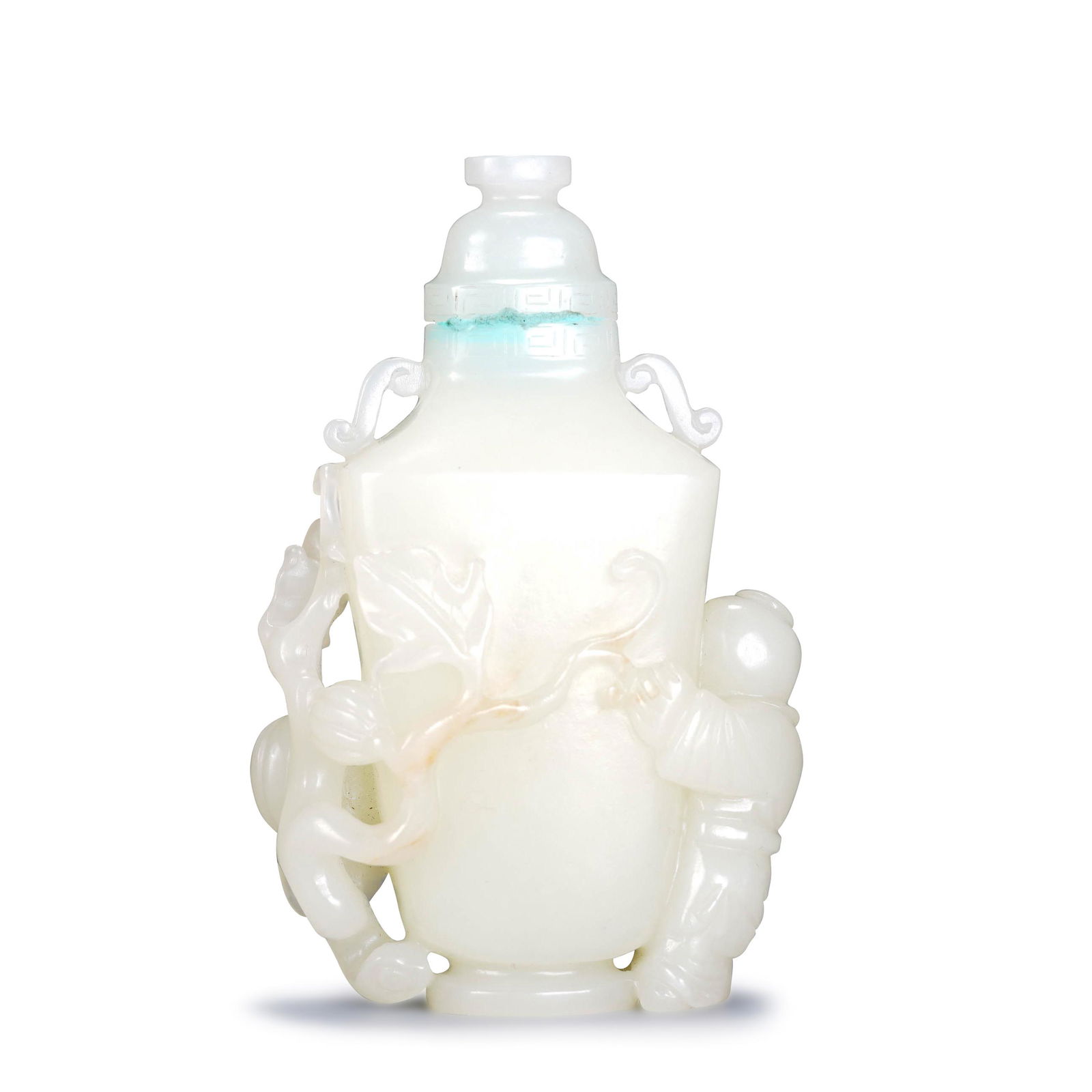 CHINESE WHITE JADE QIAO SE VIEWS VASE CARVED BRANCHES: Dimensions: CHINESE WHITE JADE QIAO SE VIEWS VASE CARVED BRANCHES AND BOY SHAPED 8 x 5.5 x 1.2 cm The bottle is finely made of white jade, showing a gentle and gorgeous luster. The exterior of the bot