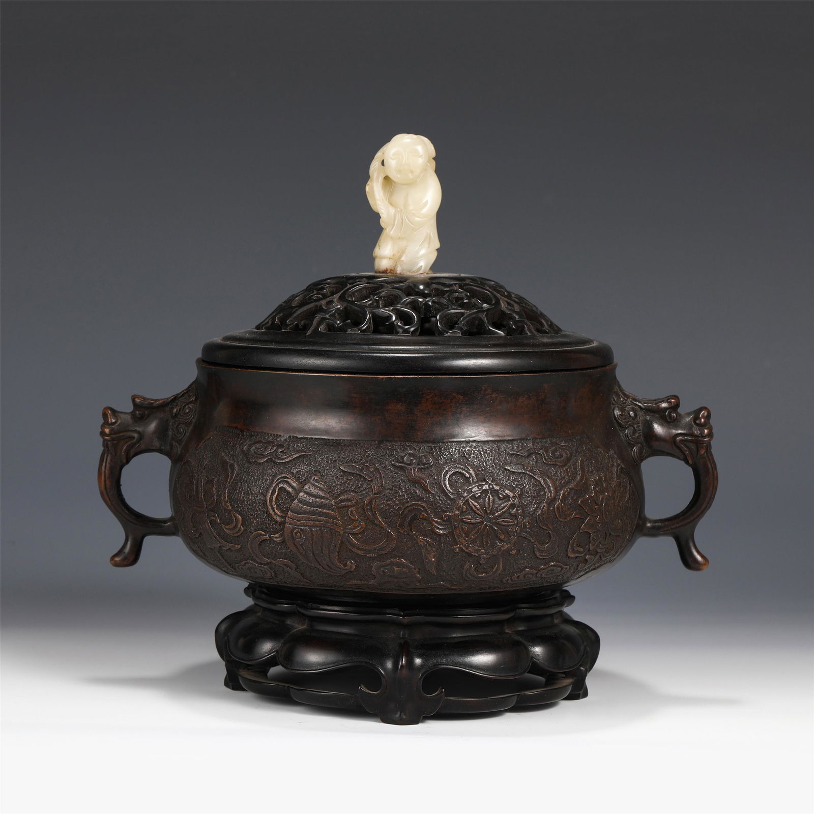 A CHINESE BRONZE EIGHT TREASURES DOUBLE HANDLE INCENSE (1 of 10)