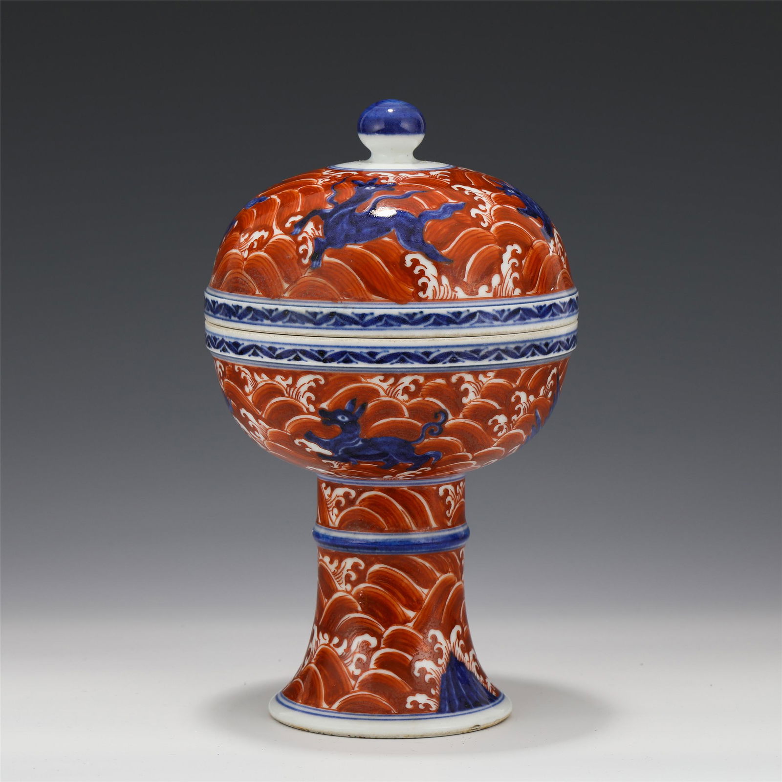 A CHINESE BLUE&WHITE COPPER RED PORCELAIN STEM CUP AND (1 of 9)