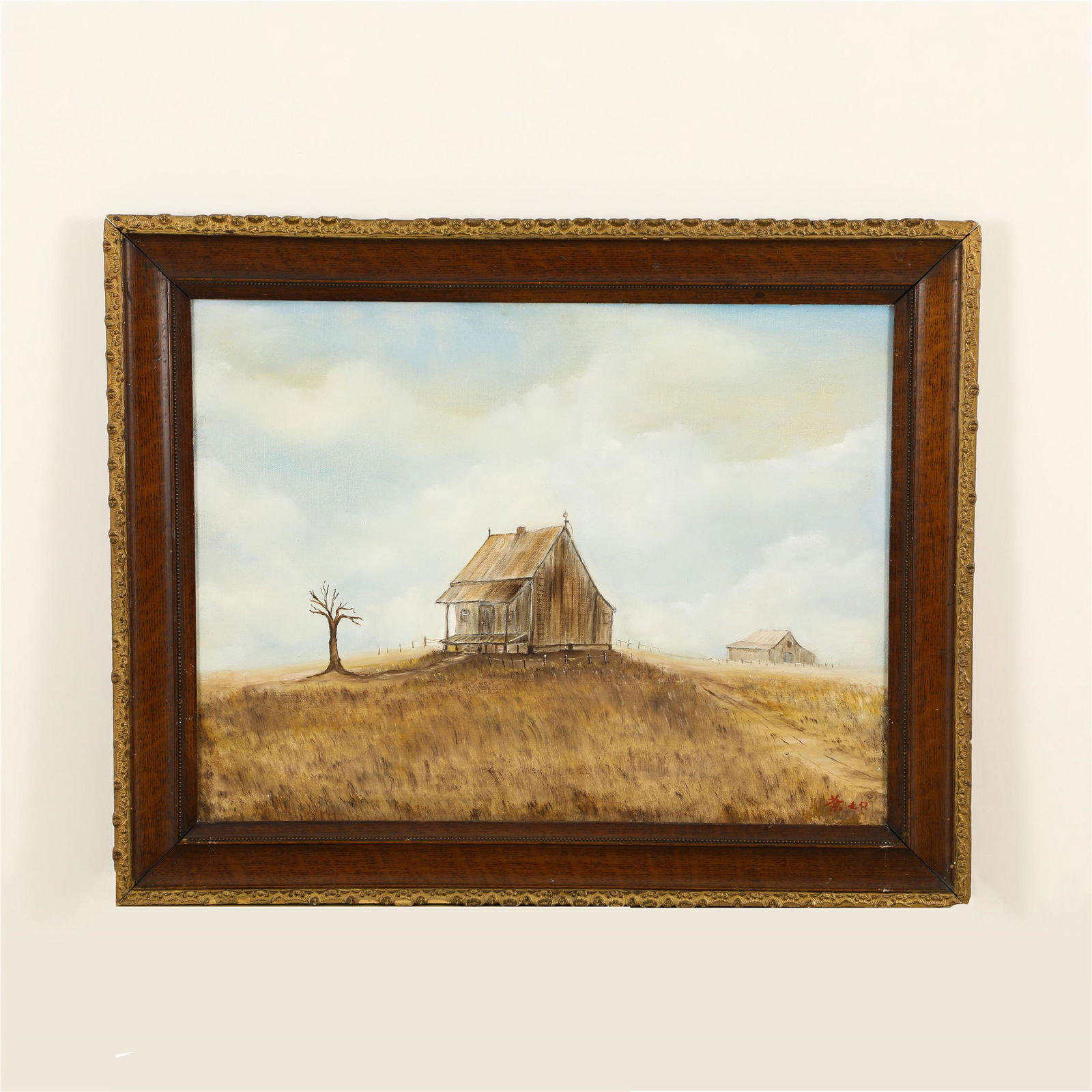A CHINESE OIL PAINTING OF RURAL LANDSCAPE WITH FRAME (1 of 8)