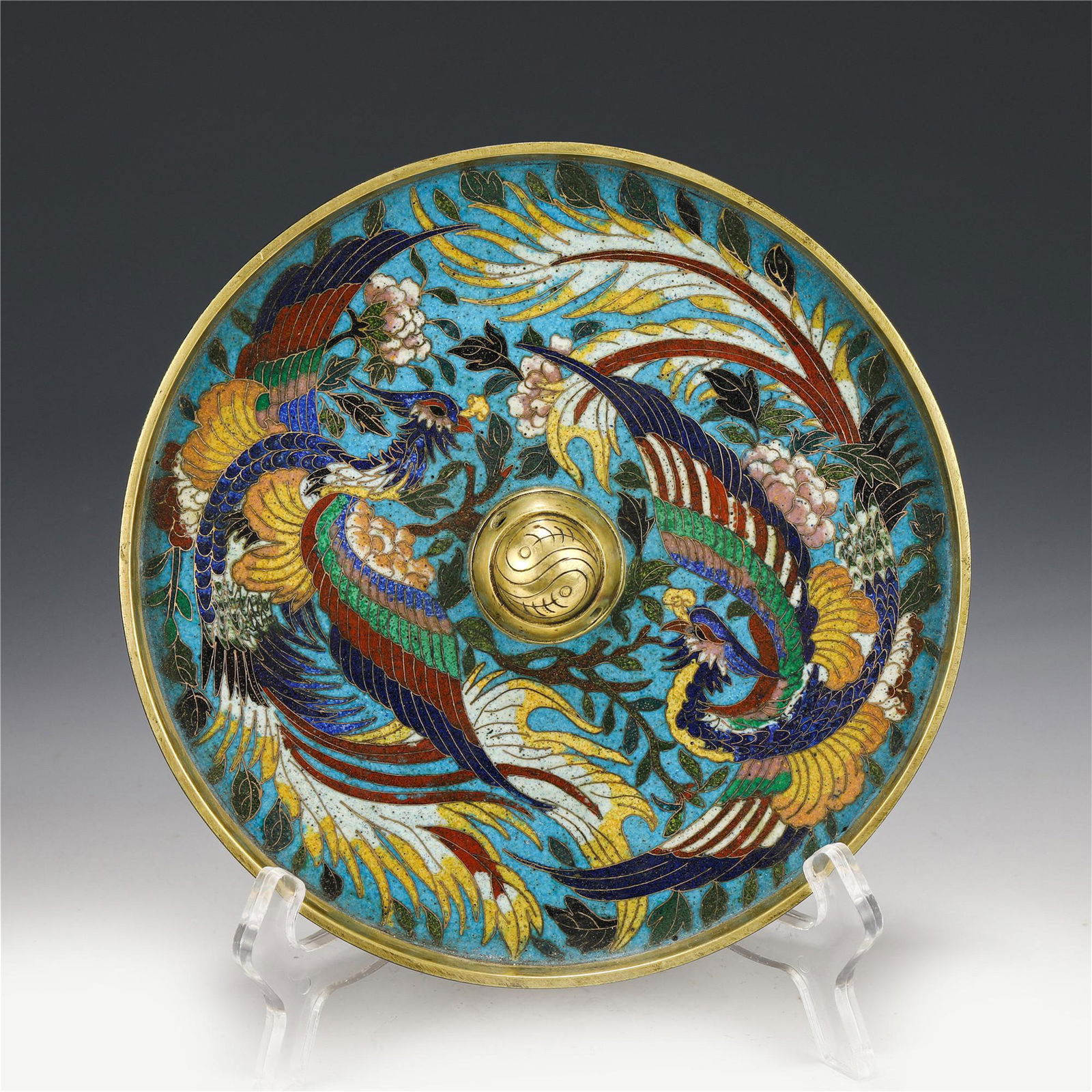 A CHINESE CLOISONNE FLOWERS DOUBLE PHOENIX BRONZE ROUND (1 of 9)