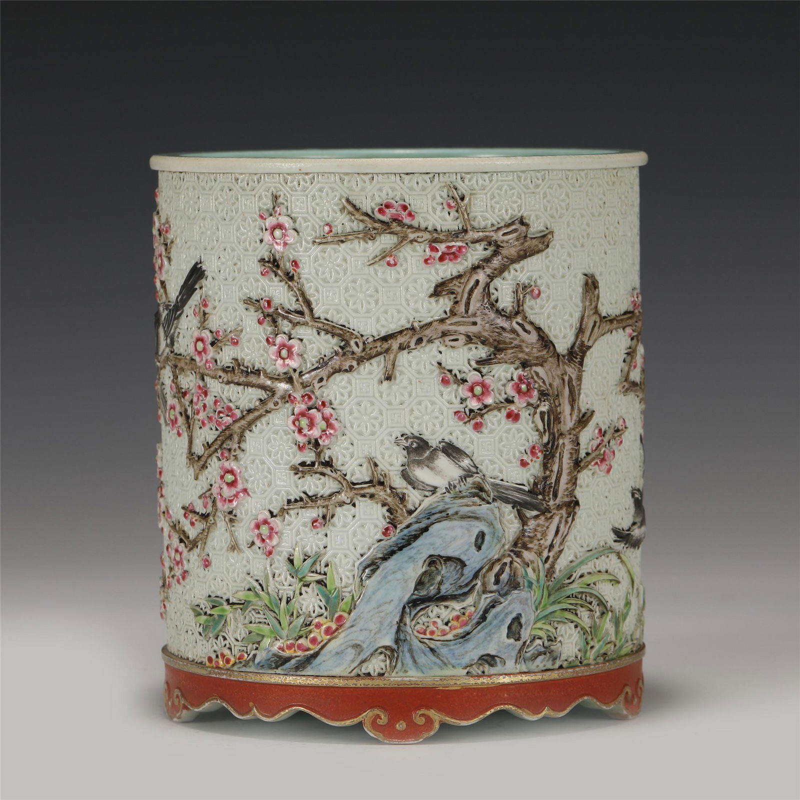 A CHINESE GREEN GLAZE CARVED BIRDS AND FLOWERS (1 of 10)