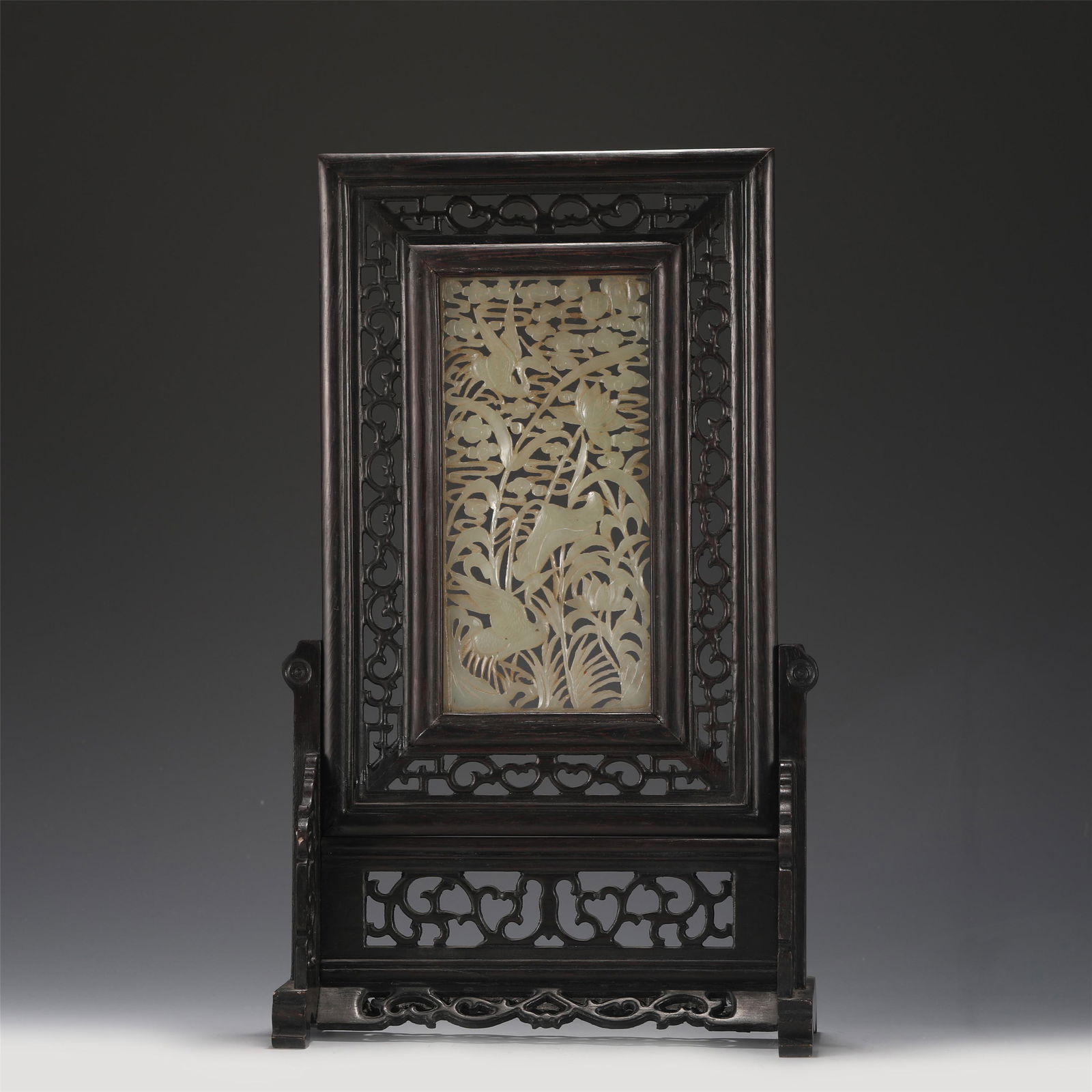 A CHINESE ZITAN INLAID JADE TABLE SCREEN (1 of 10)