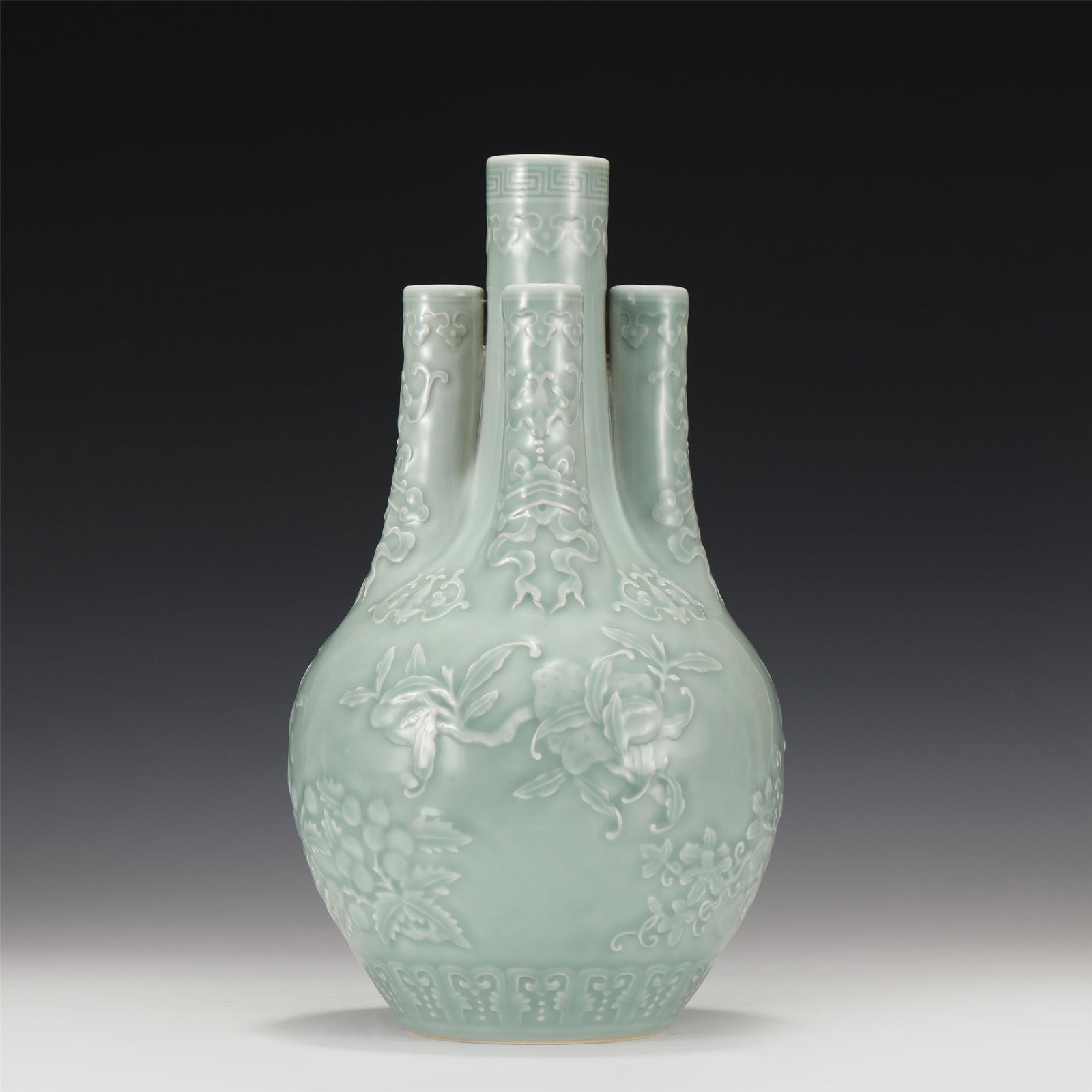 A CHINESE CELADON GLAZE PORCELAIN FIVE TUBES VASE (1 of 11)