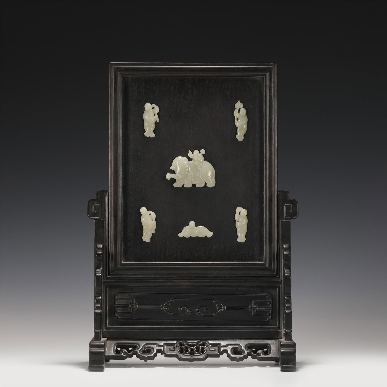 A CHINESE ZITAN INLAID JADE TABLE SCREEN (1 of 10)