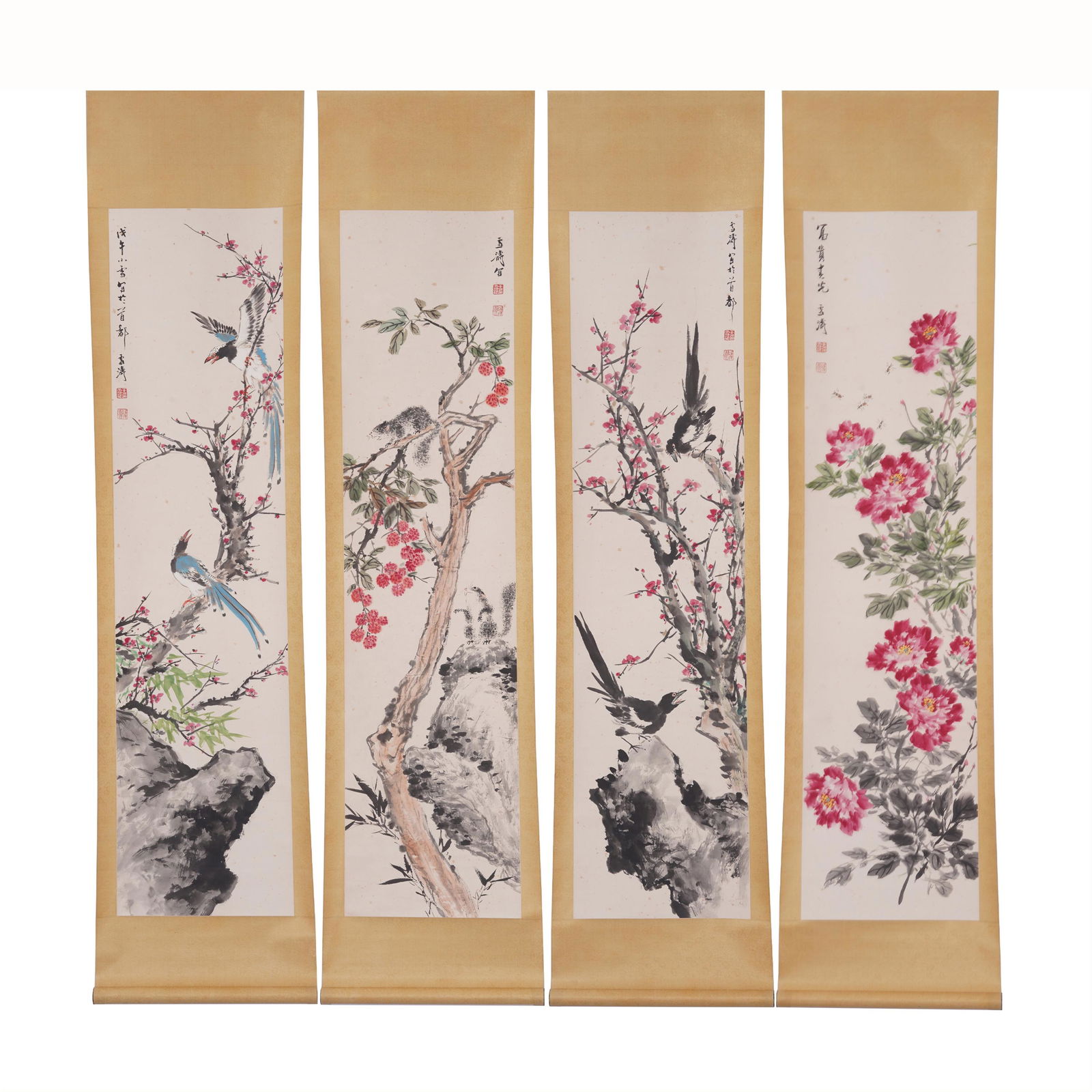 FOUR PANELS CHINESE SCROLL PAINTING OF FLOWERS AND (1 of 15)