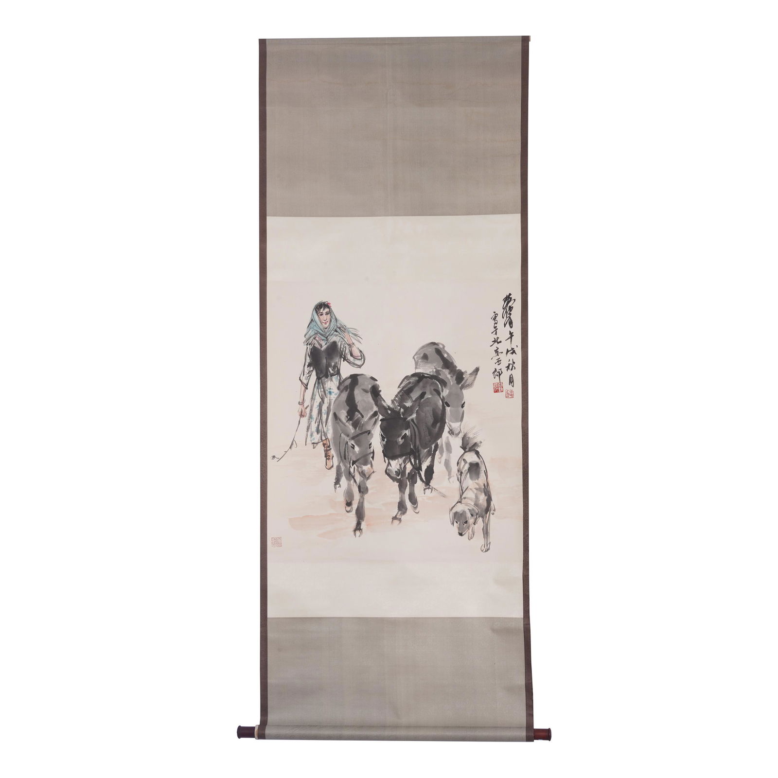 A CHINESE SCROLL OF PAINTING DRIVE DONKEYS (1 of 5)