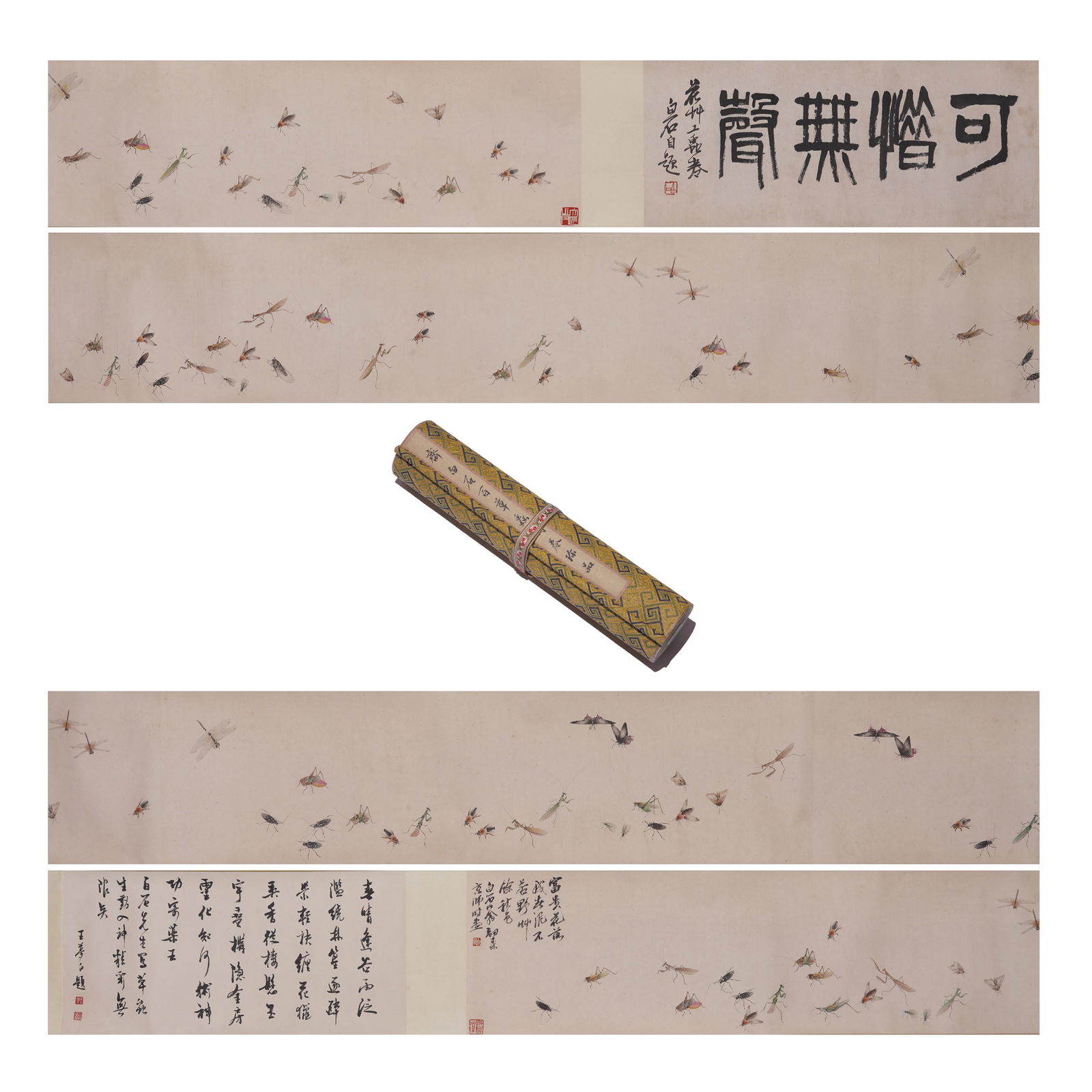 A CHINESE PAINTING OF INSECTS ,SIGNED QI BAISHI: A CHINESE PAINTING OF INSECTS ,SIGNED QI BAISHI Image only size 745 cm by 31 cm. Painting depicting hundred insects, hand scroll, mounted, ink and color on paper, inscribed and signed, titlslip on cov